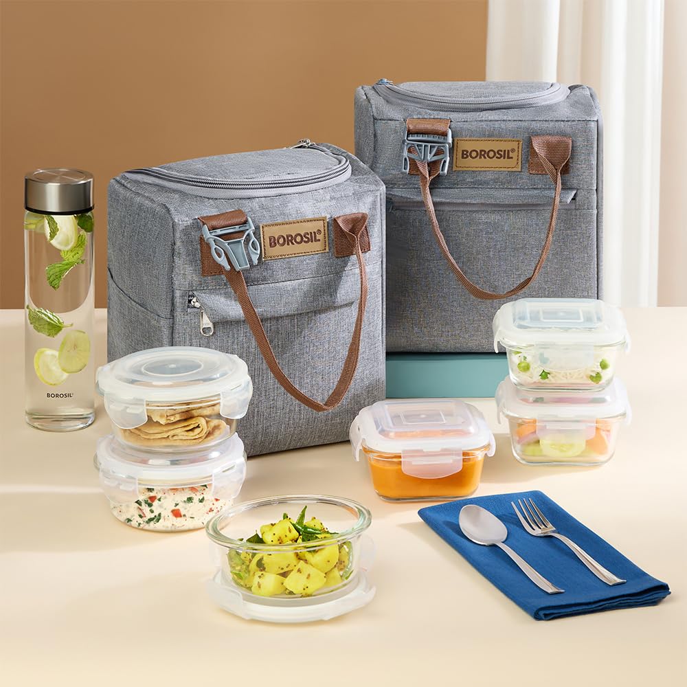 Borosil Gourmet - Fiambrera de vidrio de borosilicato con bolsa, juego de 3 piezas (320 ml cada uno) + 1 botella de vidrio (550 ml), apta para microondas y lavavajillas, a prueba de fugas, para