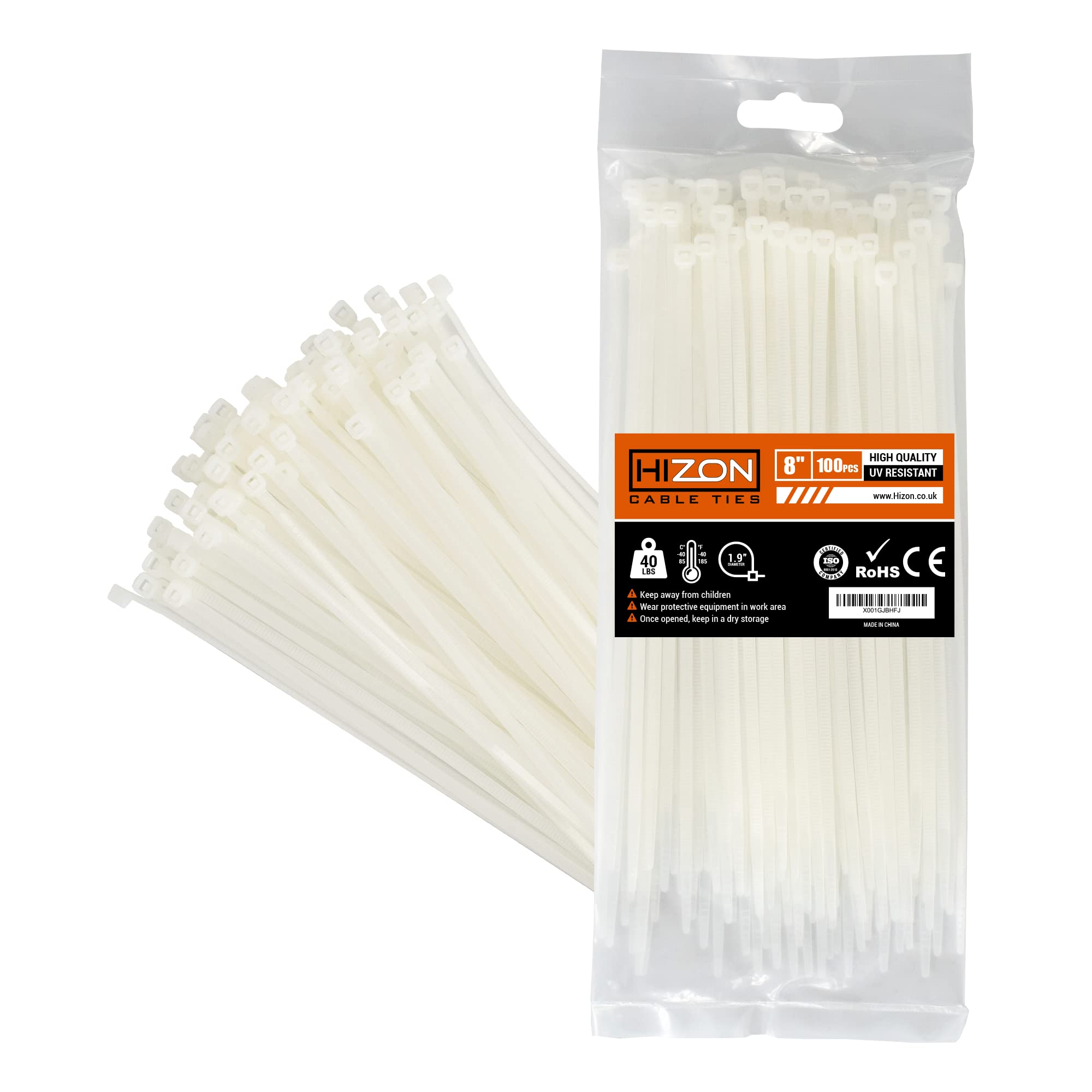 Hizon 100 Pack of White Cable Ties, 200mm x 3.6mm, 8" Premium Tie Wraps, Nylon Zip Ties, Perfect for Home, Office, Garage and Workshop…