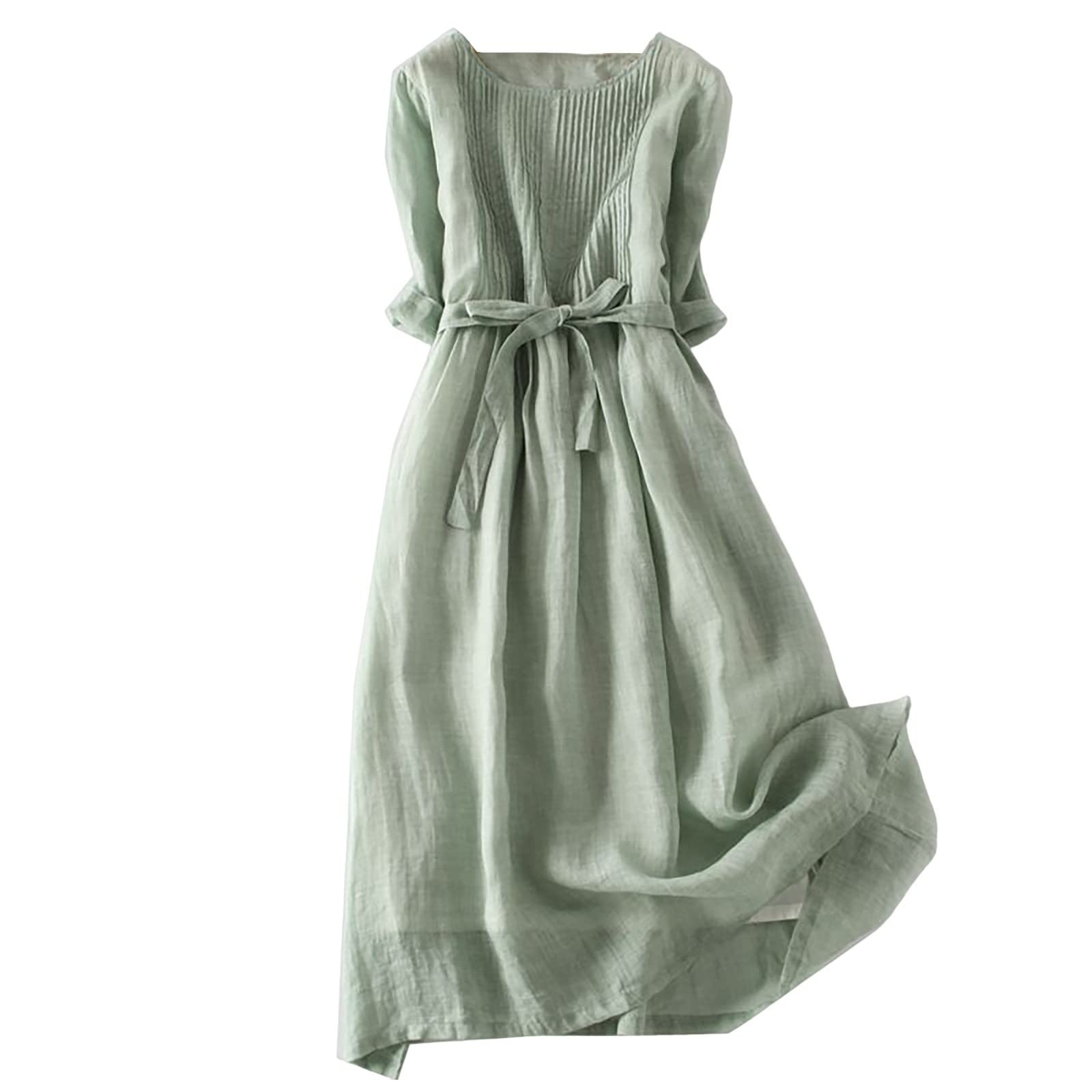 GOSEAGOTOFUN Womens Summer Wedding Guest Dresses with Sleeves Embroidered Sleeve A Line Comfy Linen Vacation Dress Trendy