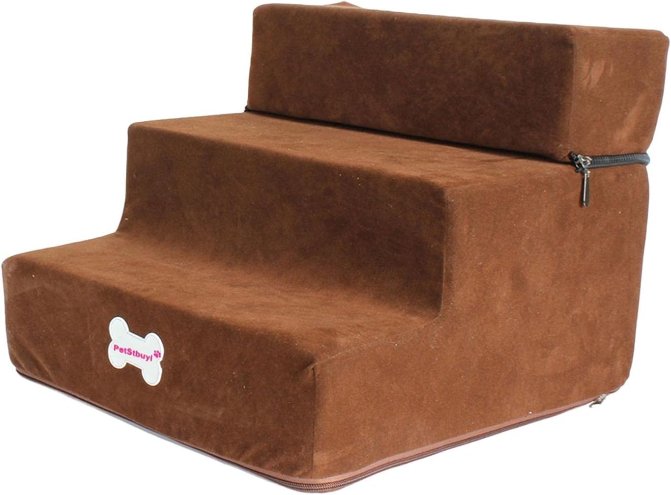 Soft Dog Stairs Ladder Non Slip Ramp Toys Washable Sponge Removable Zipper Cover for Old Cats Indoor Sofa Puppy Outdoor, Dark Brown