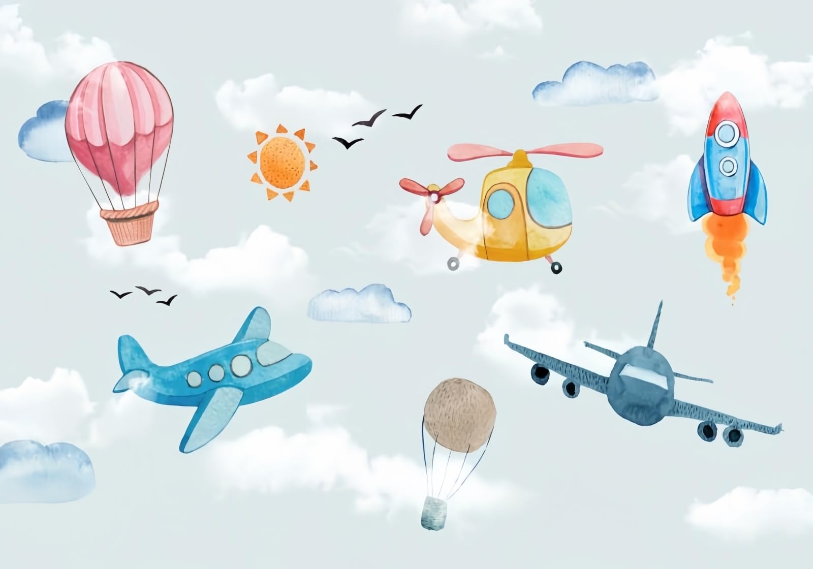 gdkldfg Cartoon Aeroplanes Watercolour Kids Room Wallpaper,Non-Woven Poster,Wall Mural for Living Room Bedroom Feature Wall Decoration 300x240cm