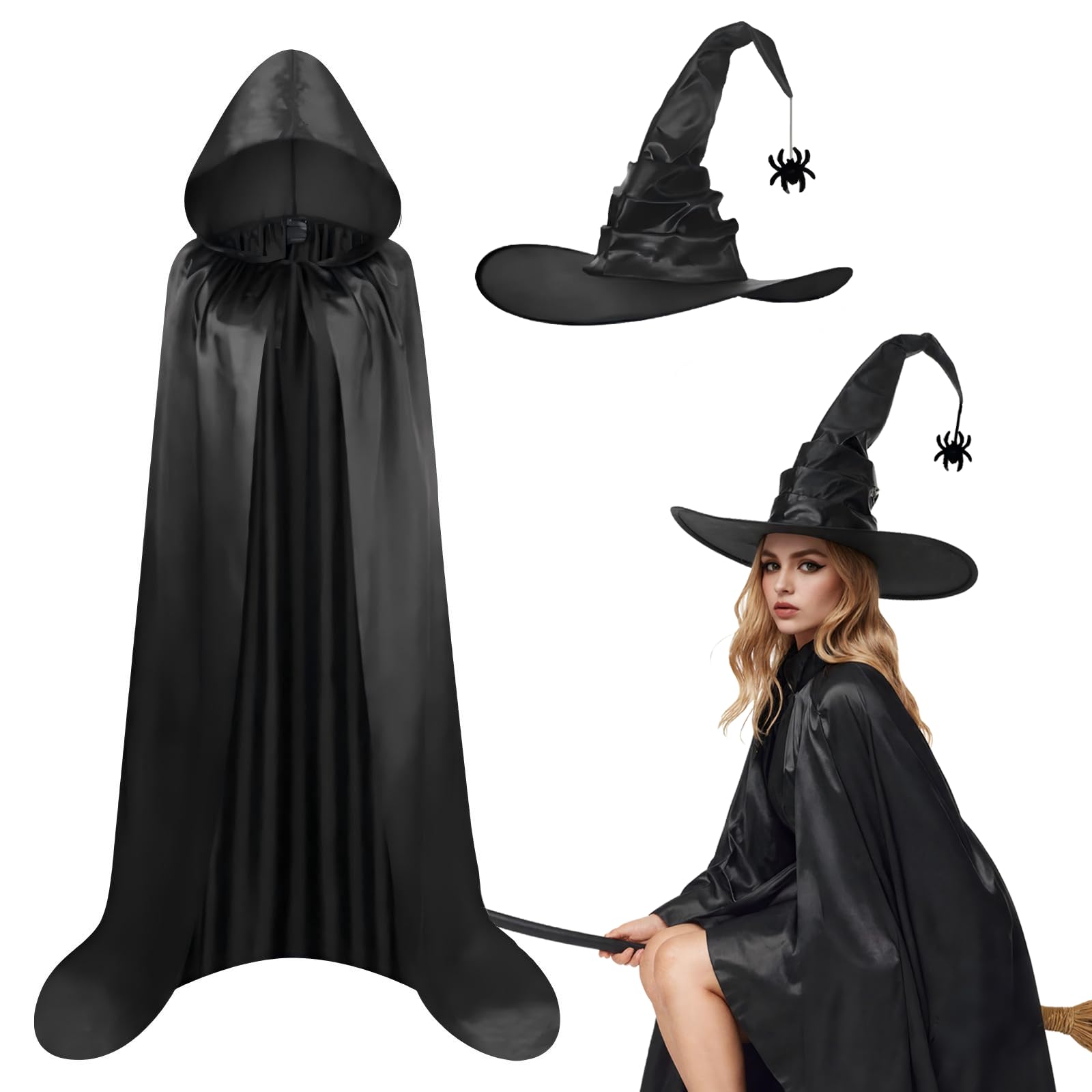 Gibocot Black Witch Costume for Women Adults - 2 Piece Halloween Outfit with 150cm Hooded Cape & Pointed Hat, Fancy Dress UK for Cosplay & Parties (160-180cm | 5'3"-5'11")