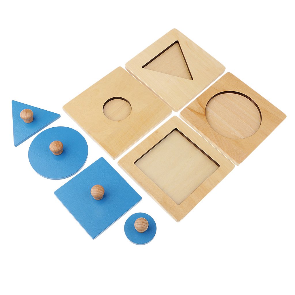 Juguete Educativo de Madera Tablero de Puzzles Redondo para Aprendizaje de Matemáticas y Geometría con Función de Apilamiento Adecuado, Azul Geometría