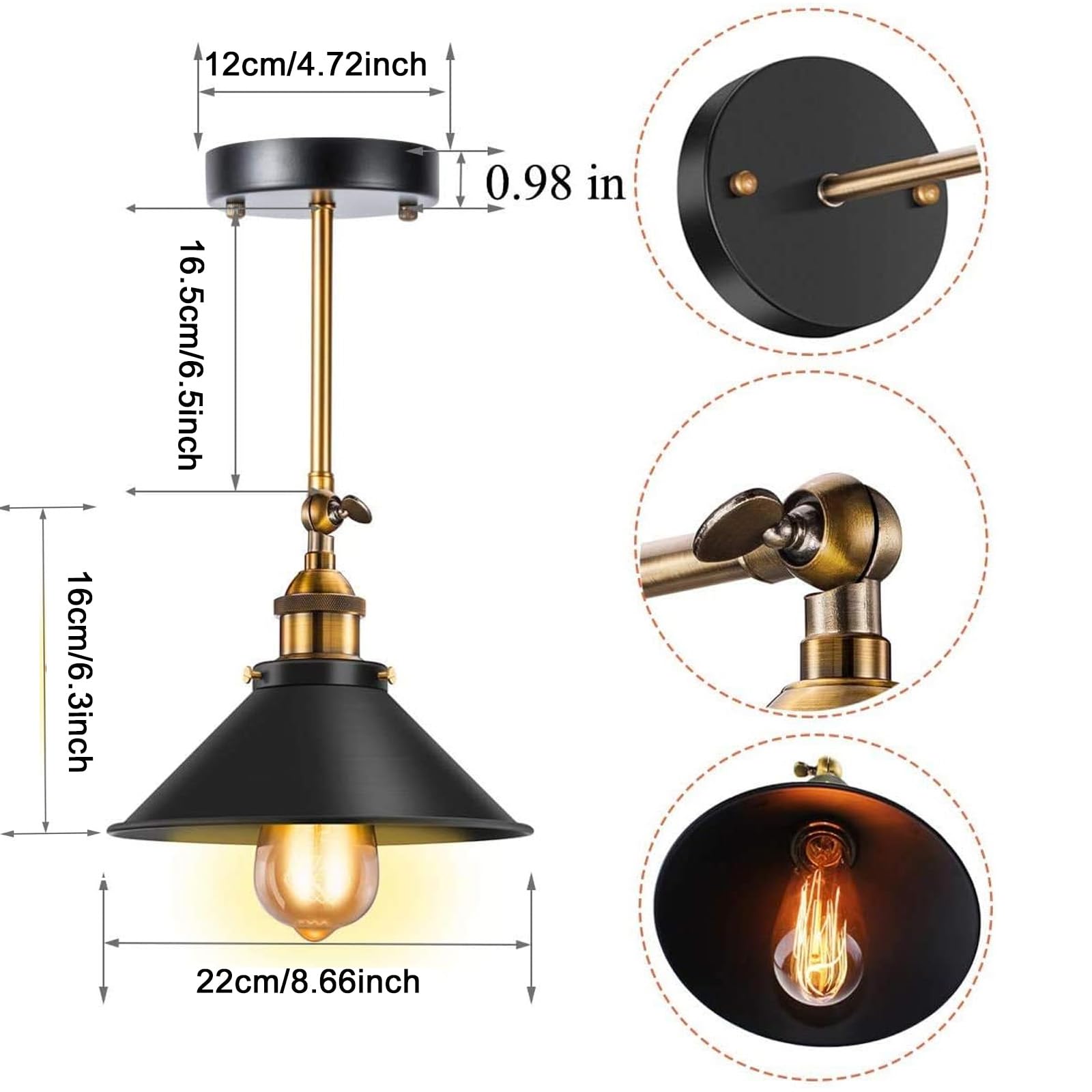 FIRVRE Wandleuchte Industrial mit Schirm, Wandlampe Innen Schwarz E27 Industrial Style, Wandlampe Rustikal Vintage Einstellbarer Lichtkopf für Schlafzimmer, Wohnzimmer, Treppen, Flur(2er Pack)