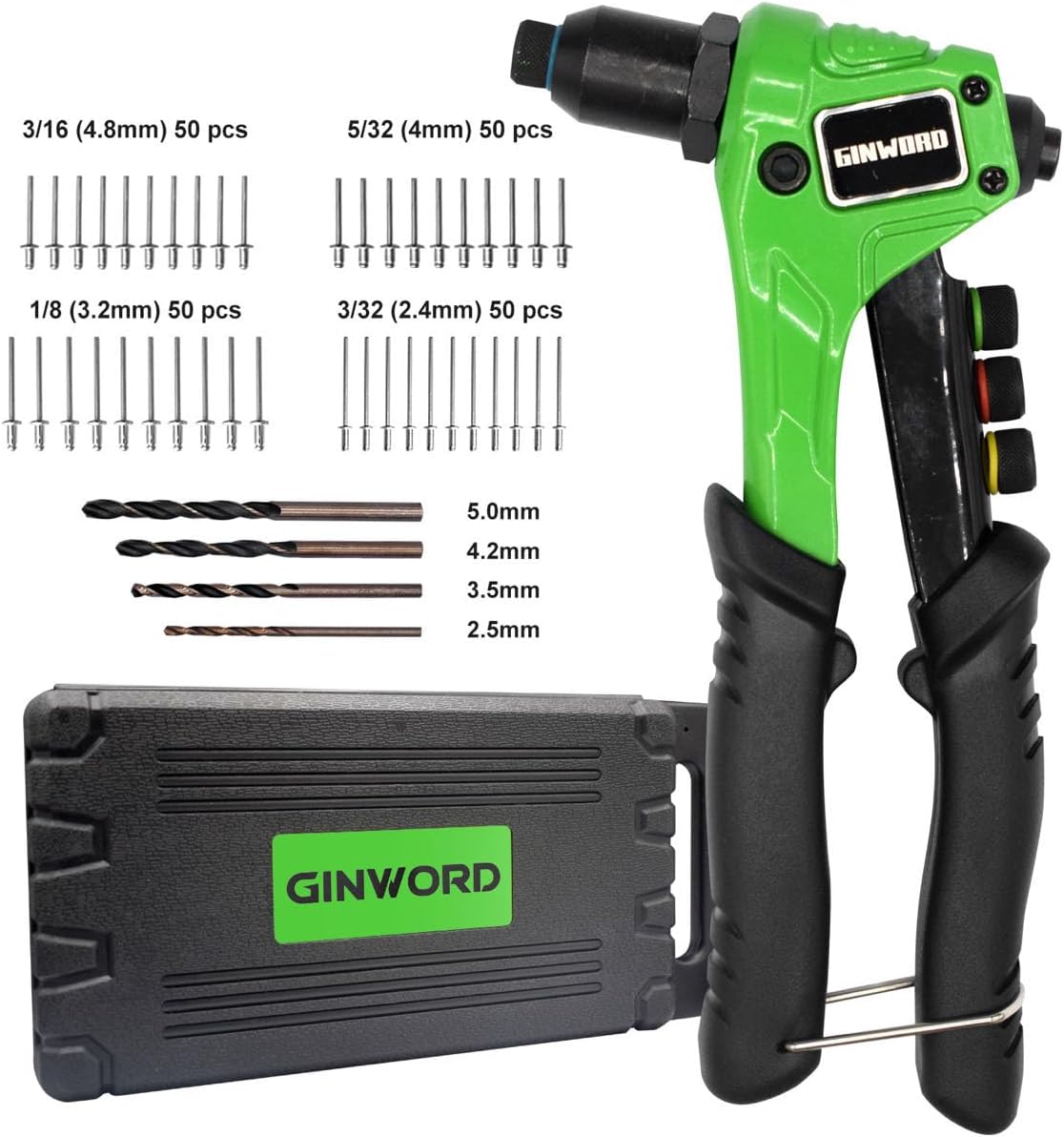 GINWORD Rivet Gun, Pop Rivet Gun,Rivet Gun Kit, 200Pcs
