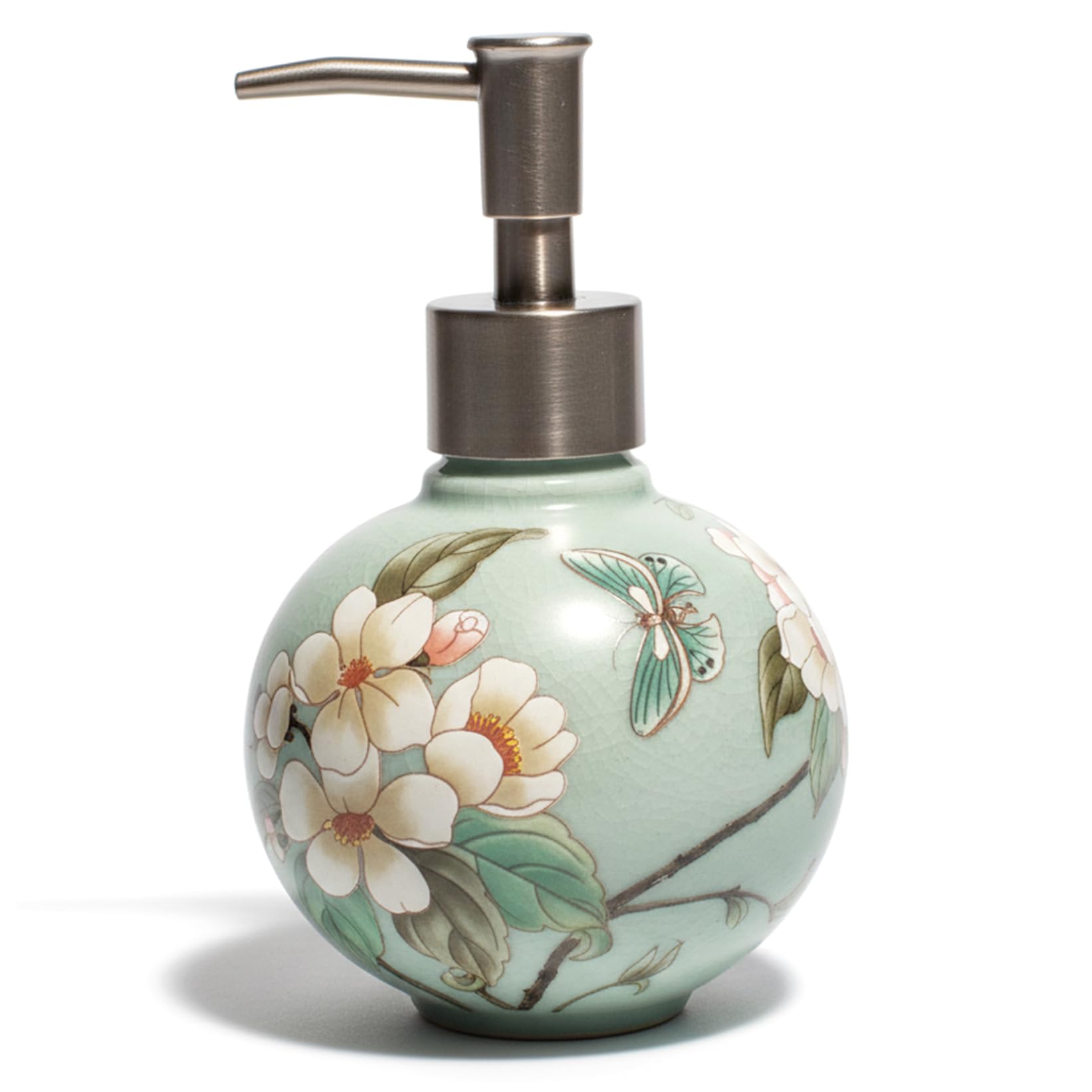 Bemonew Green Floral Soap Dispenser Vintage Soap Dispenser Elegant Refillable Ceramic Bottle With Pump For Shampoo & Lotion, Bathroom & Kitchen