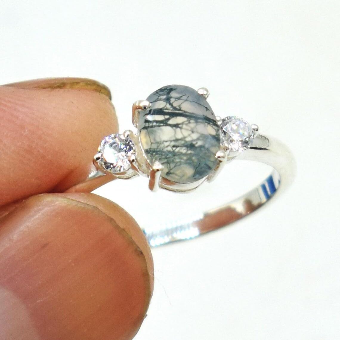 Gemma Amor Natural Green Moss Agate Oval Ring with Diamond Accents, Handmade Solid 925 Sterling Silver, Boho Style