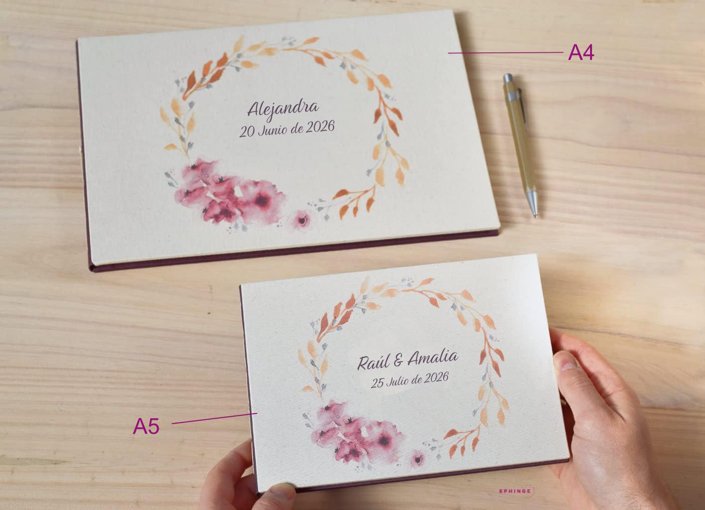Sphinge Libro de firmas Personalizado para Bodas | Portada + 1ª Página Tapa Dura A5 o A4 | 40 Hojas 80 páginas Papel Blanco 120g | Libro de Invitados Testigos