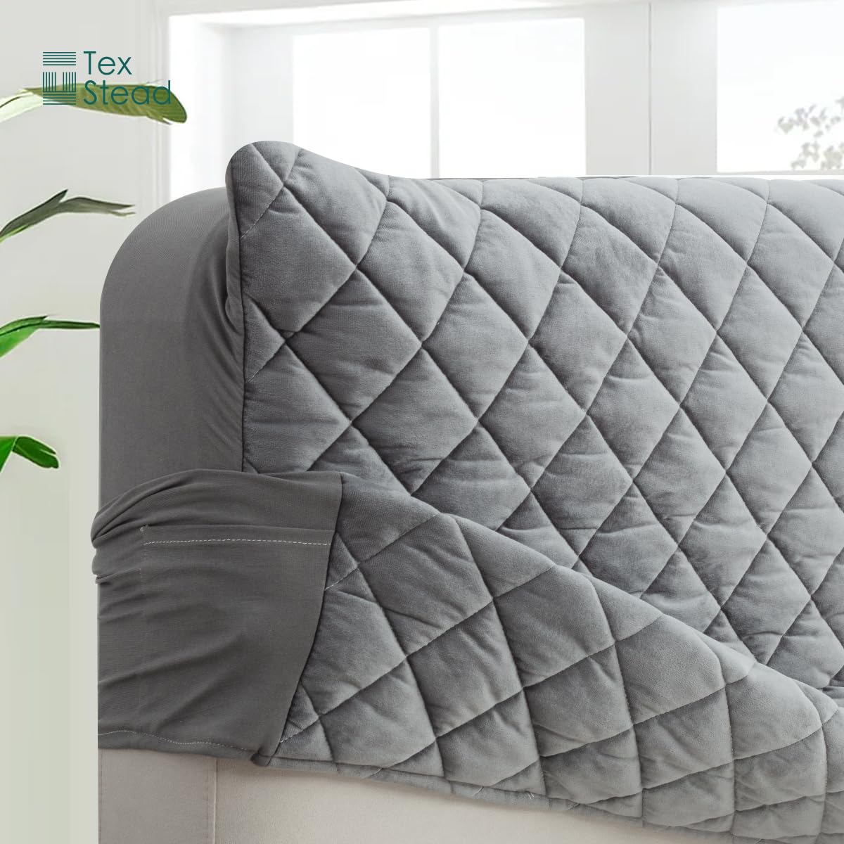 Samt Bettkopfteil Bezug & Betthussen Set – All-in-One Design, elastische & wattierte Staubschutz-Hülle als dekorative Abdeckung für gepolsterte Kopfteile, waschbar in Grau (ca. 200x70 cm)