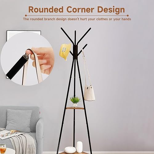 Miniatura 6 de Perchero independiente, árbol de pasillo con 2 estantes, perchero para sombrero, ropa, bolsa, soporte para entrada, sala de estar, dormitorio,