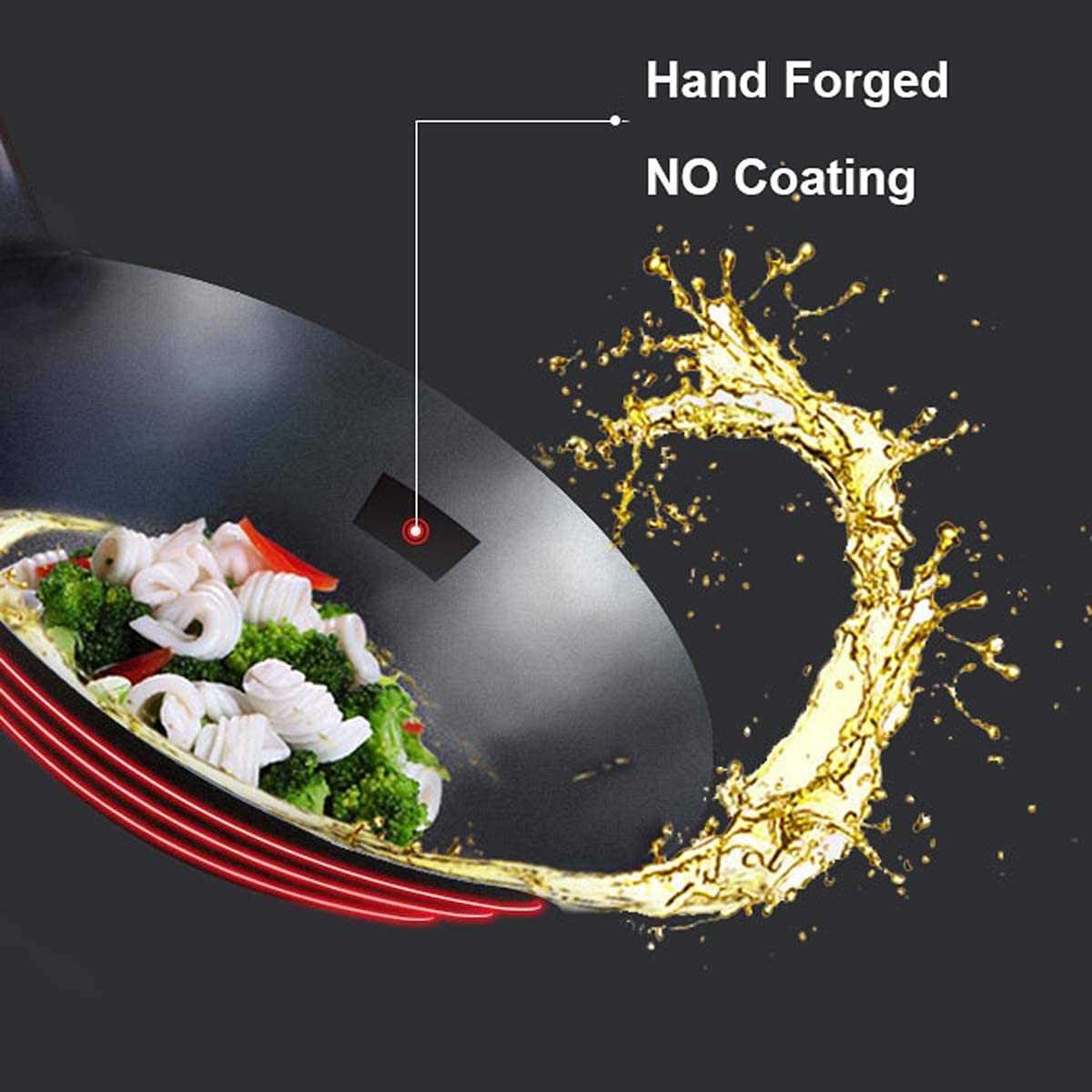 Wok in ghisa Pre-stagionato, Padella Wok Wok Fatti a Mano e padelle per friggere con Manico in Legno Pentole antiaderenti con Fondo Tondo Wok Durevole, 34 cm/ 13,5 Pollici () Interesting