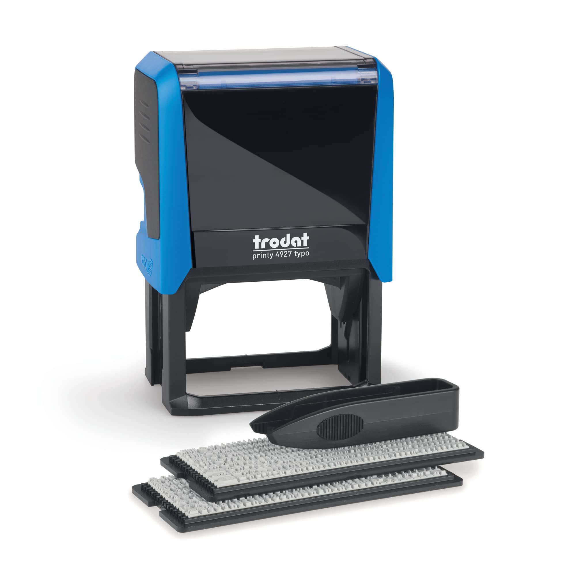 Timbro d'inchiostro personalizzabile Trodat Printy 4927 Typomatic 4.0 Blu – 8 righe di testo da comporre – inchiostro automatico – inchiostro nero fornito – piastra composizione e pinza in dotazione
