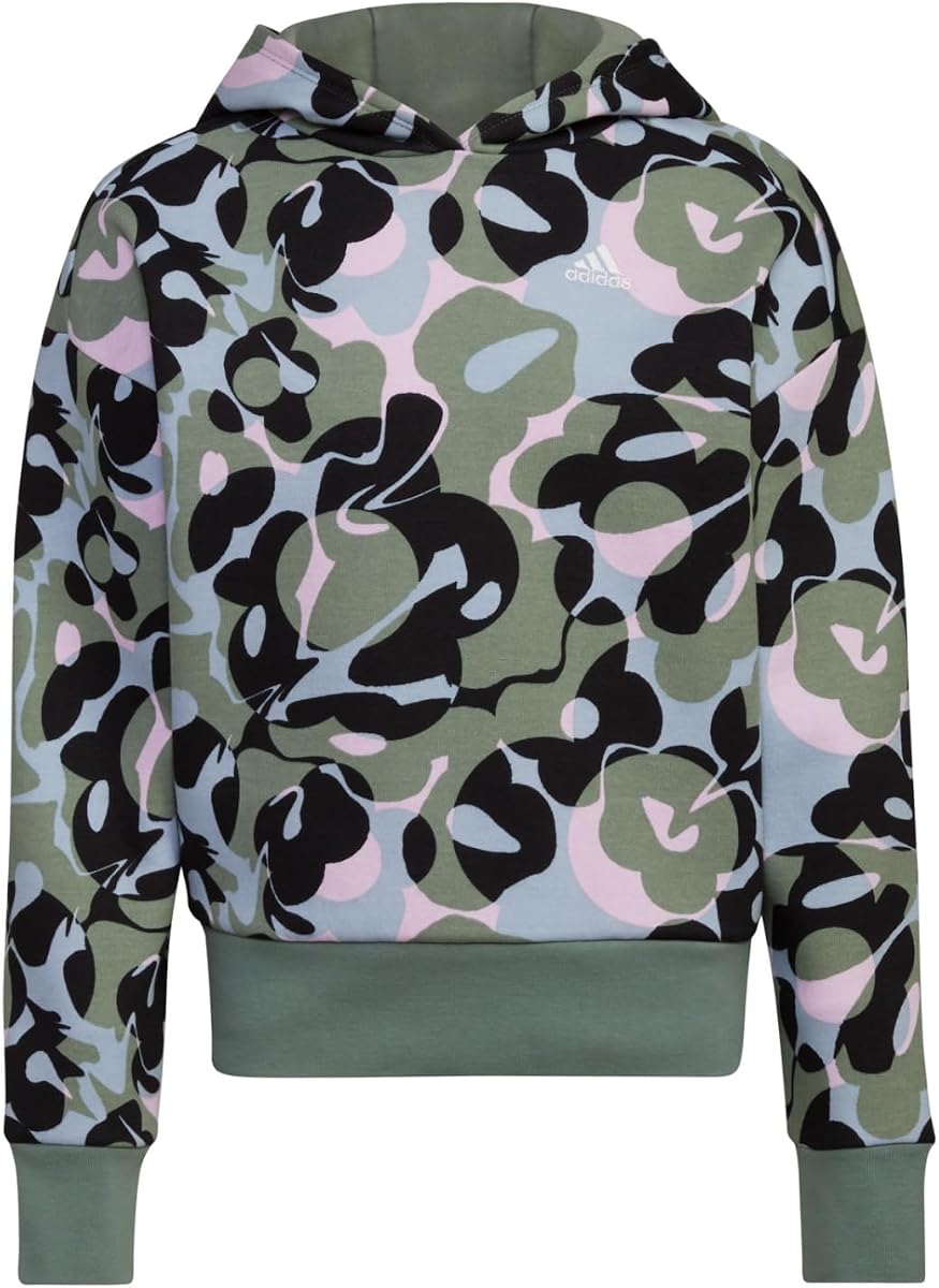 adidas Girls' Gradient Fleece Pullover Hoodie, Silver Green Camo, Large