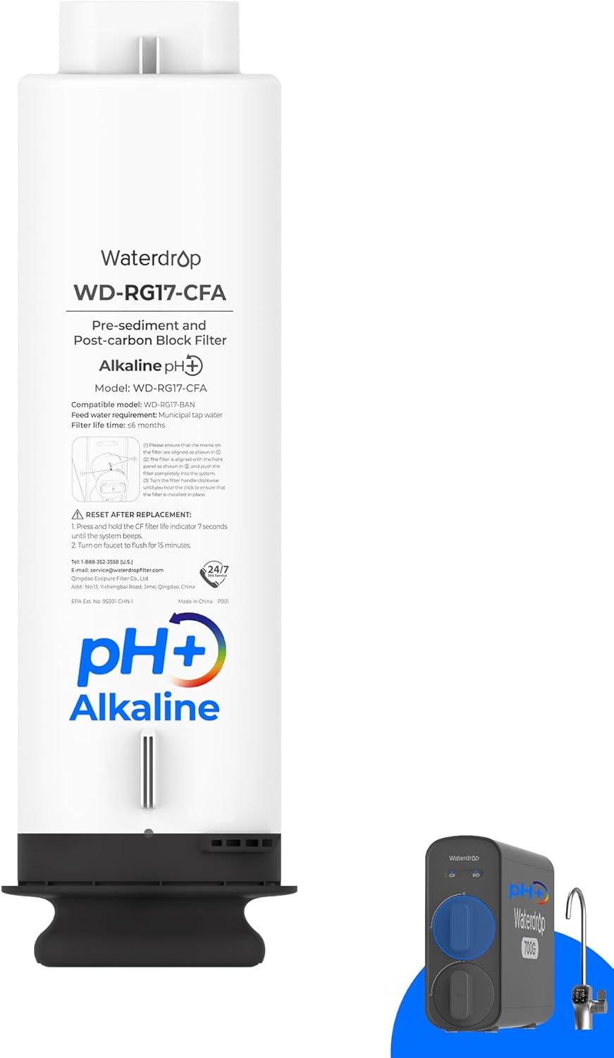 Waterdrop G5P700A-CF Filter, Replacement for Waterdrop G5P700A Undersink Reverse Osmosis System, 6-month Lifetime