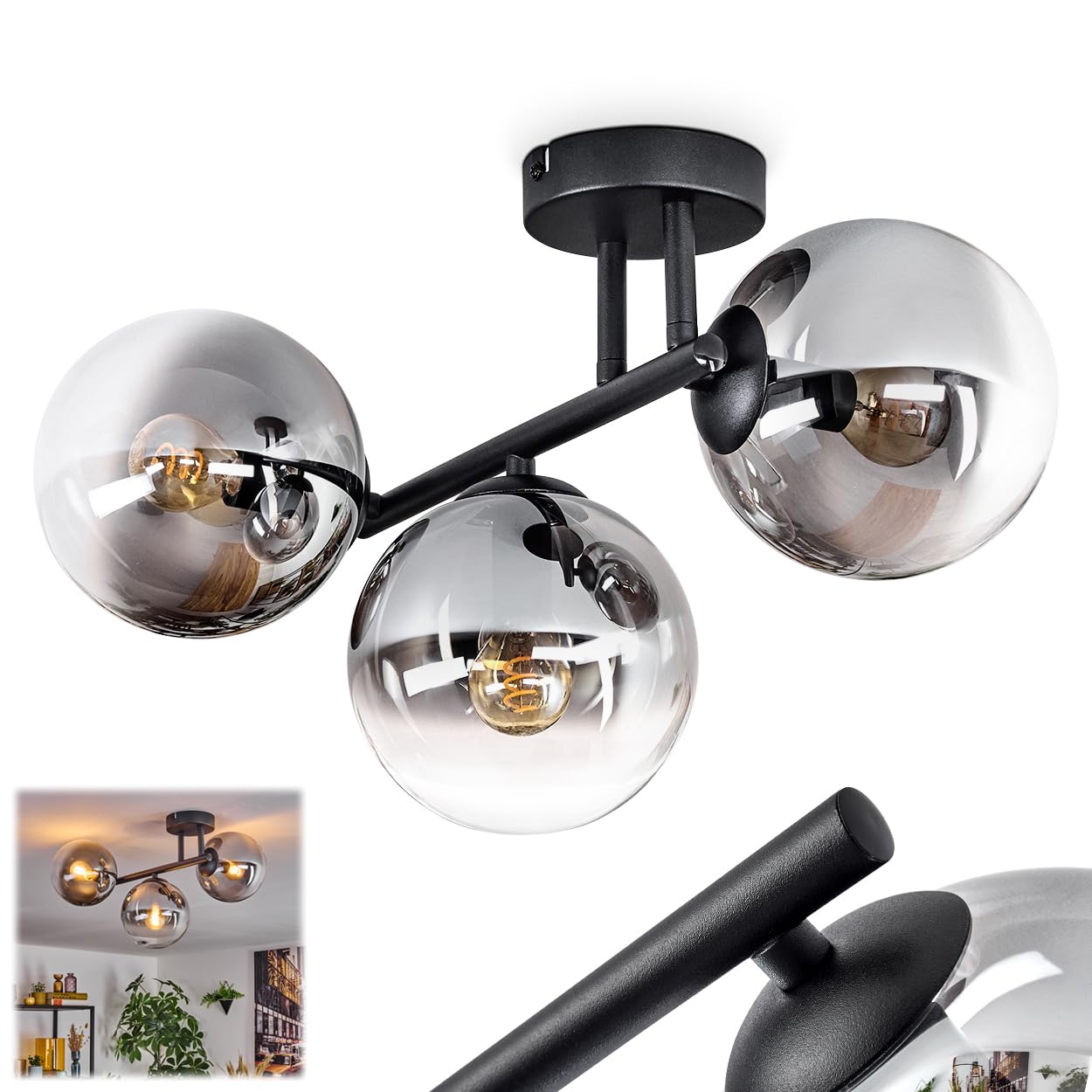 Hofstein Light/Black Gastor Ceiling 3-Burner Metal/Glass Ceiling Lamp In Black/Smoke/Clear, Modern Luminaire In Retro/Vintage Design (Shades Ø 15 Cm), E14, Dining Room, Living Room, Bedroom, Kitchen
