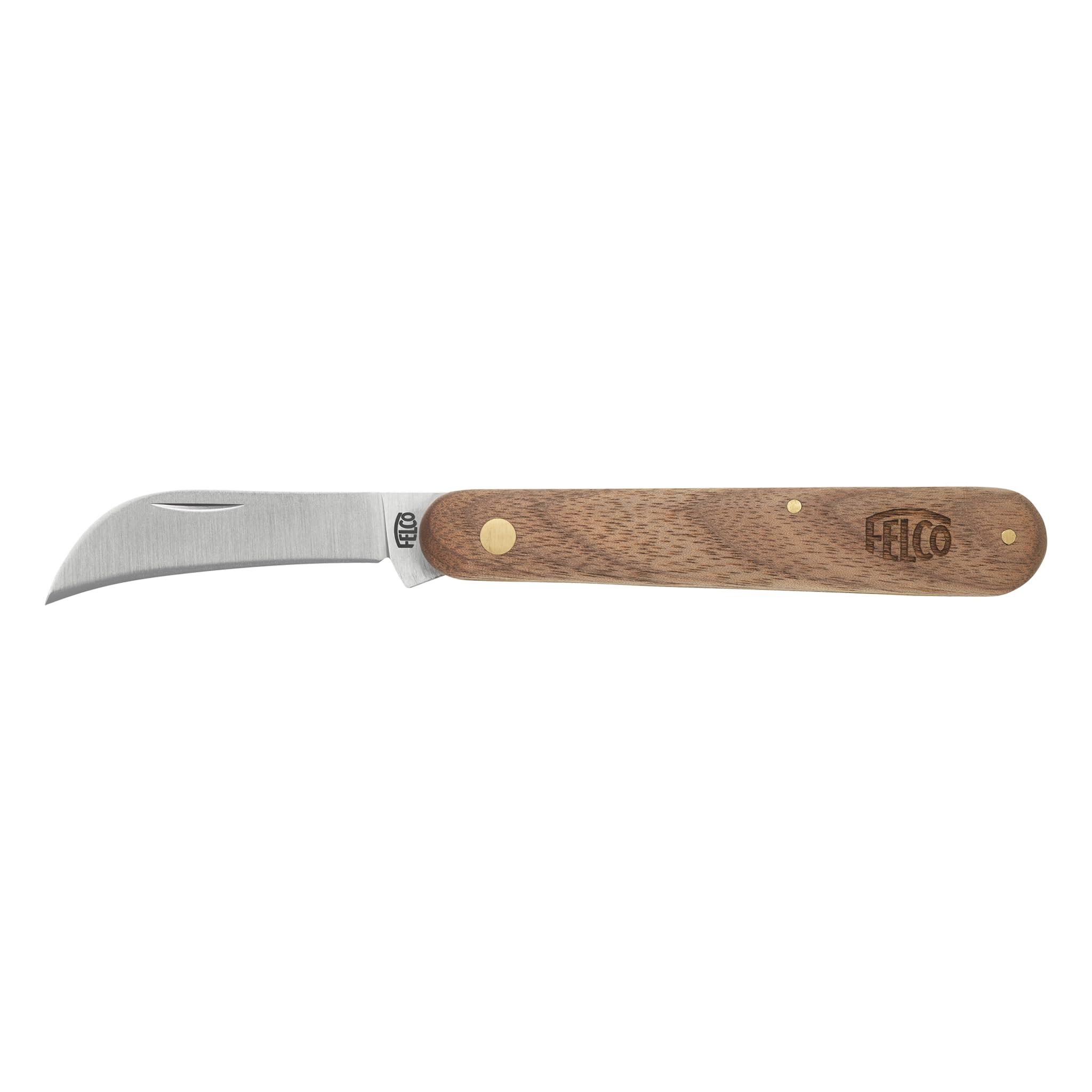 FELCO Couteau d'élagage et de greffage en acier au carbone Lame incurvée Manche en noyer américain Lame de 60 mm Rivets en laiton Doublure intérieure en laiton