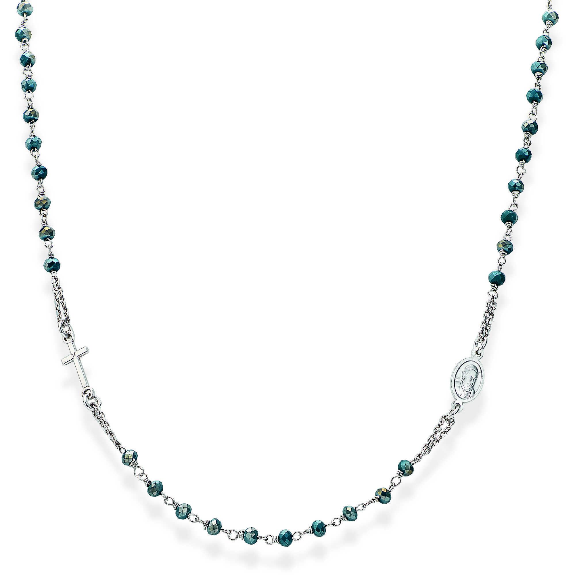 Amen Collana Rosari In Argento 925 Rodiato Con Cristalli Verde Petrolio - Lunghezza Regolabile 50+2 Cm