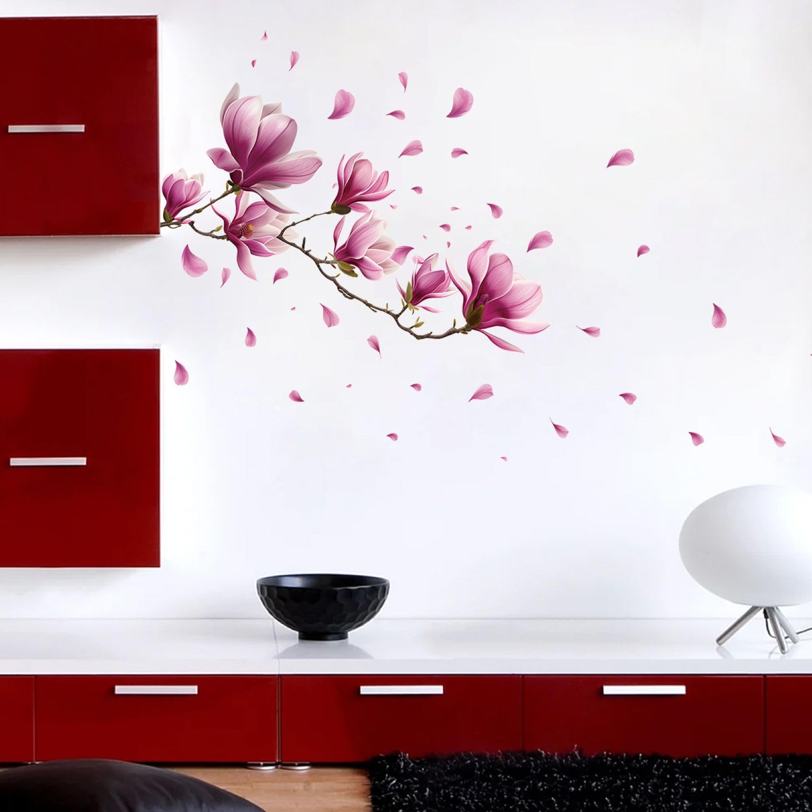 FUFUQUARE Pink Magnolia Flowers Wall Sticker Chinese Ink Floral Wall Art Decals Vinyl Removable Peel and Stick for Bedroom Living Room Sofa TV Background Decorations - Image 3