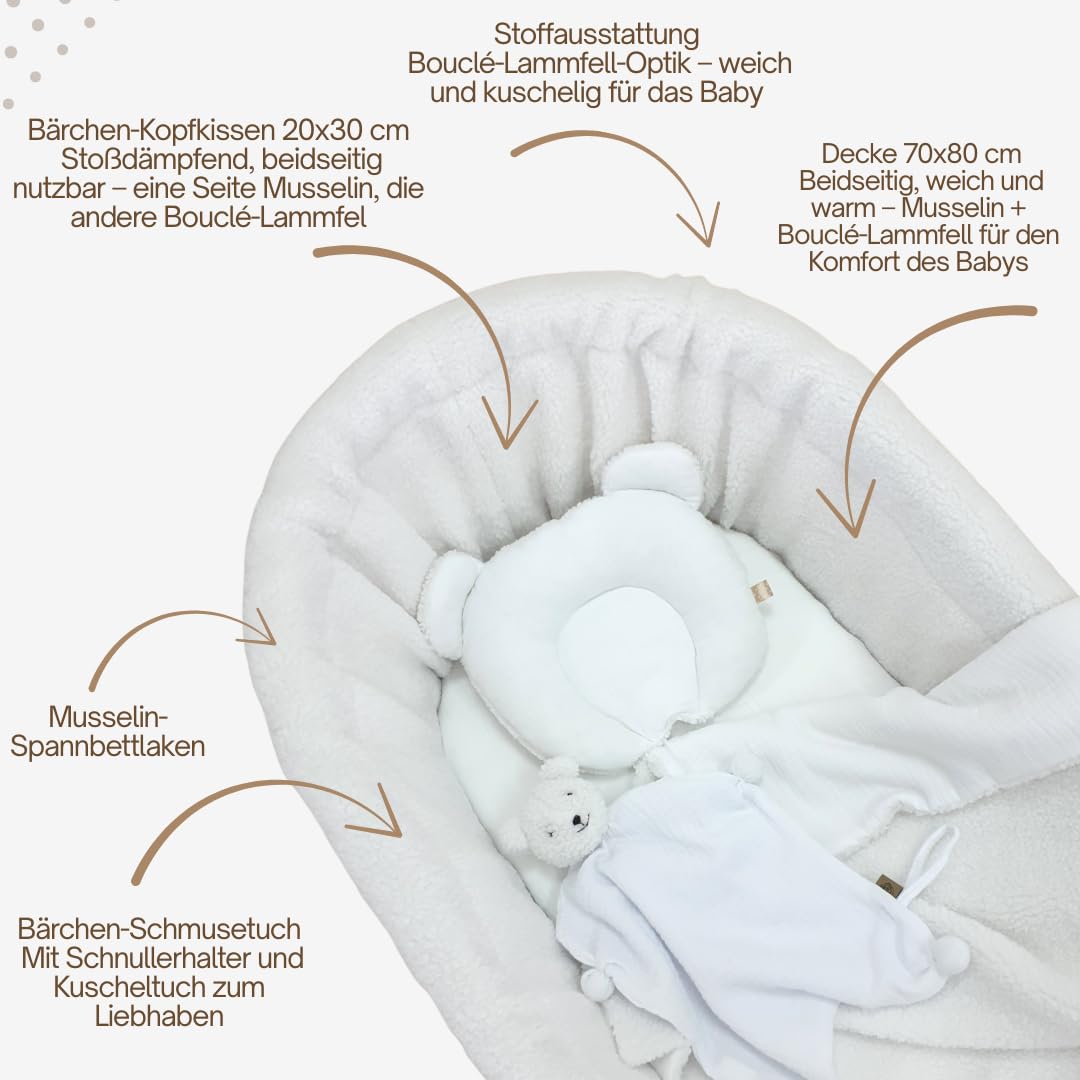 Łóżeczko dziecięce Amelia – naturalne ręcznie tkane Mojżesz ze stojakiem i materacem – 5-częściowy zestaw pościeli Teddy w kolorze białym, przenośny, koła, idealny dla noworodków