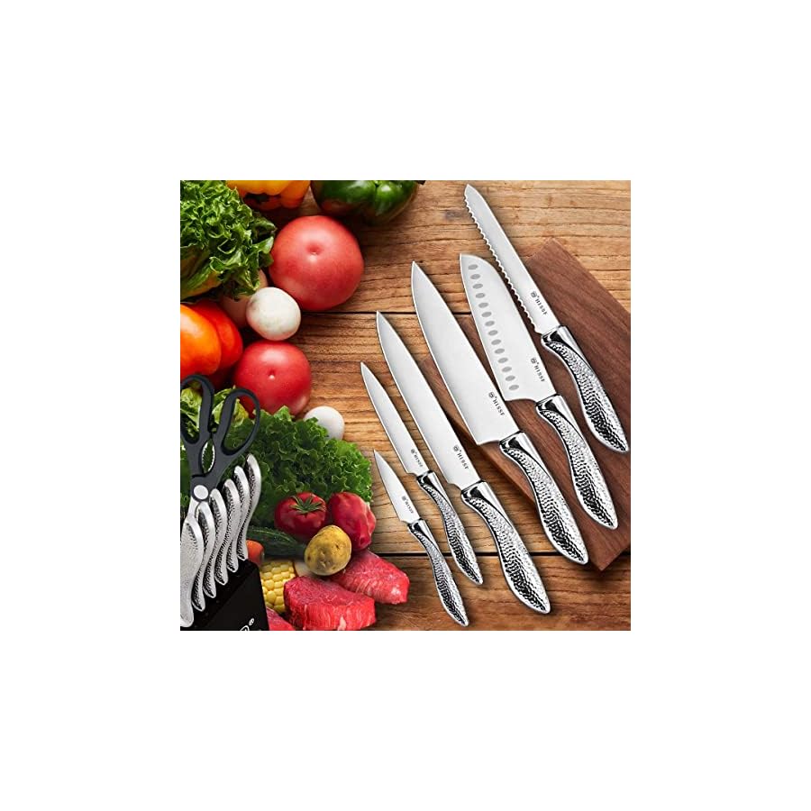 Knife set, HISSF Knife Set for Kitchen with Block, 14 Piece Kitchen Knife Set with Built-in Sharpener, Professional High Carbon Stainless Steel Kitchen Knives For Chopping, Slicing, Dicing