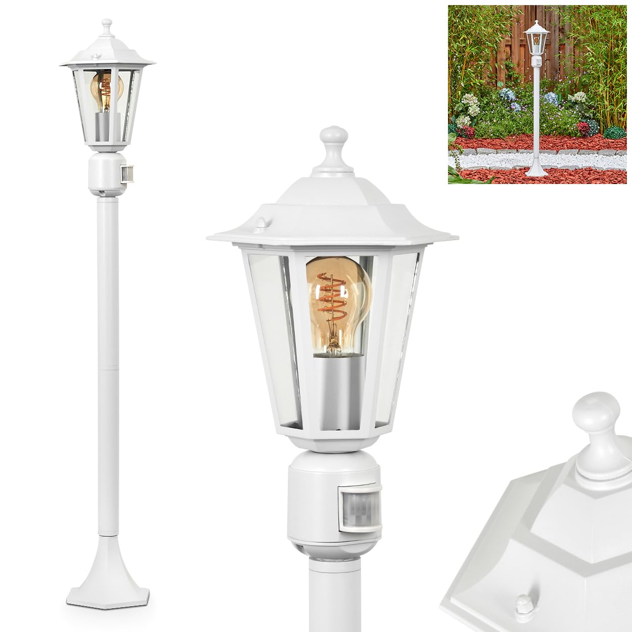HOFSTEIN Außenstehleuchte Loria mit Bewegungsmelder, Außenwegeleuchte aus Metall/Glas in Weiß/Klar, Wegeleuchte im Antik/Landhaus/Vintage-Design für Garten, Außenbereich, Hof, 107 cm, E27, IP44