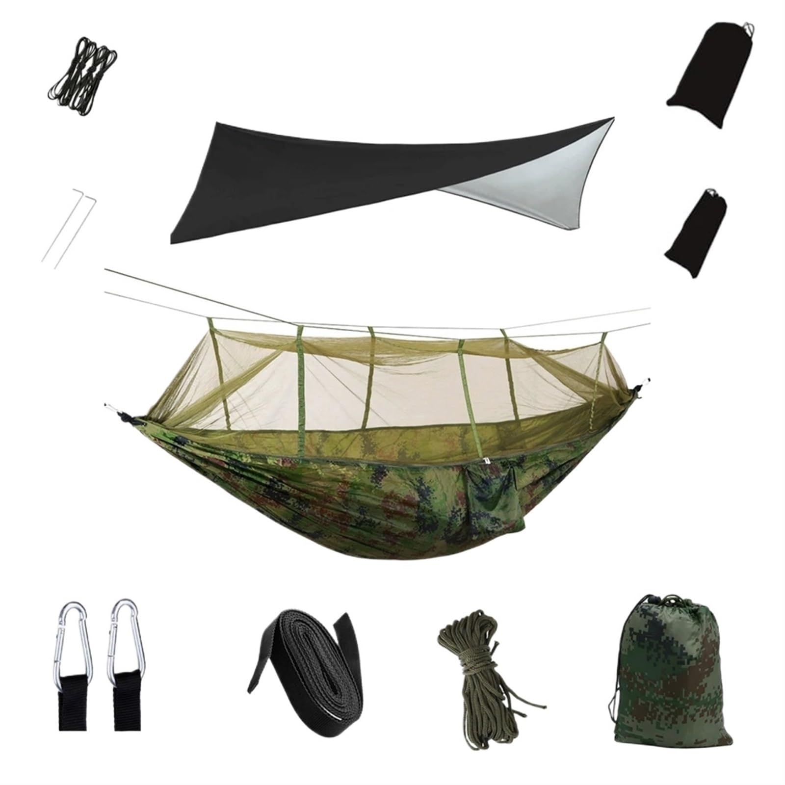 Hamac de survie portable avec mouche de pluie et filet - Hamac de voyage léger pour le camping - Vert et noir - Idéal pour la randonnée et la randonnée