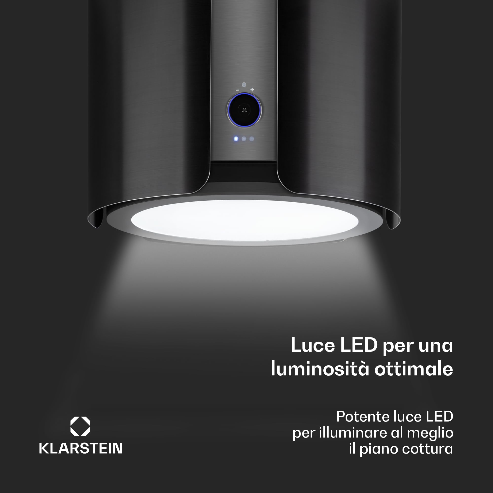 Klarstein Skyfall Smart - Cappa a Isola, Controllo Manuale o per App, 45 x 42 cm (ØxL), Sospesa, Ricircolo/Scarico, 3 Livelli, 402 m³/h, 200 W, Luce LED, Classe Energetica C, Nero