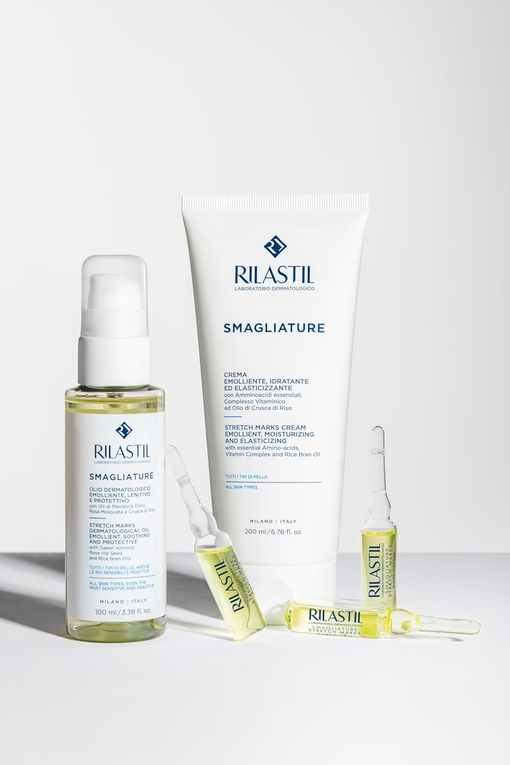 Rilastil Fiale Smagliature, Trattamento Intensivo, Emollienti e Leviganti, Tutti i Tipi di Pelle, Confezione da 10 fiale da 5 ml