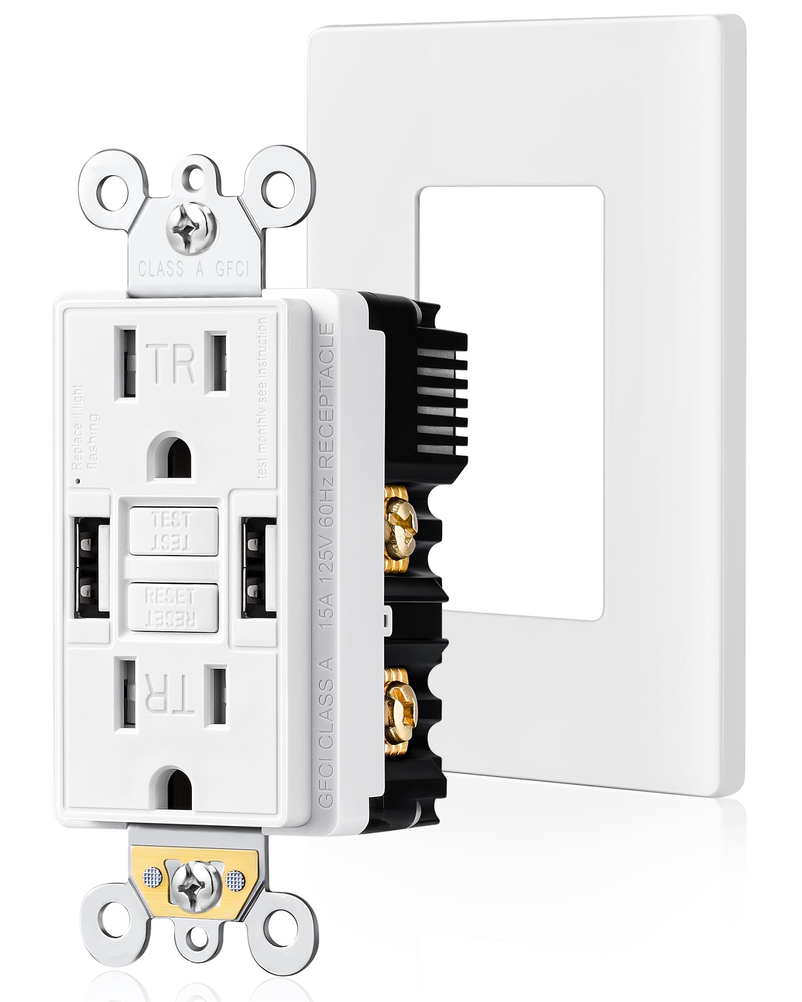suraielec 15 amp gfci outlet with dual usb-a ports, self-test gfci electrical outlet with usb, tamper-resistant, screwless wall plate included, thinner design gfci usb outlet,etl listed, white,1-pack