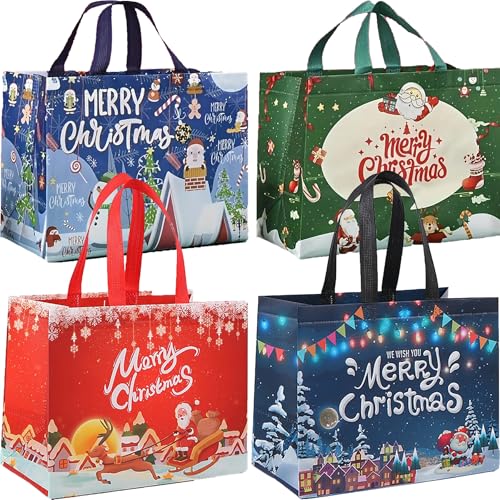 BELSVOR 4 Stück Groß Weihnachtstüten, 32,5 × 25 × 17CM Geschenktüten Weihnachten, 4PCS Weihnachtstüte mit Griffen, Geschenktüten Weihnachten für Süßigkeiten/Geschenke/Spielzeug, 4PCS Weihnachtstüten