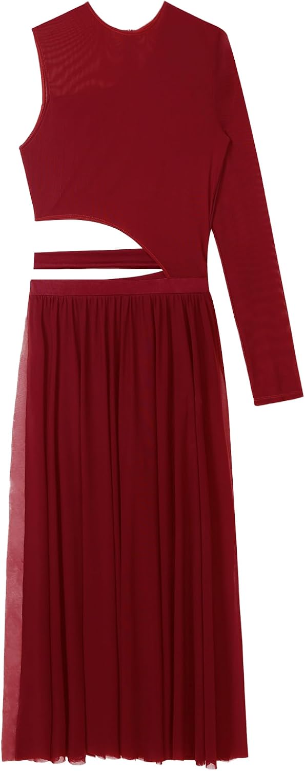 Linjinx Women's Lyrical Dance Costume Mesh One Sleeve Modern Contemporary Dance Built-in Shorts Dress