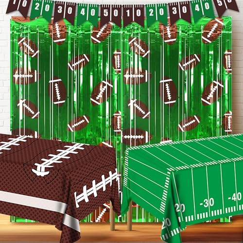 5 PCS Football Party Decorations Set Includes 2 Disposable Tablecloths 1 Banner 2 Fringe Curtain Backdrops for Game Day Birthday Decor