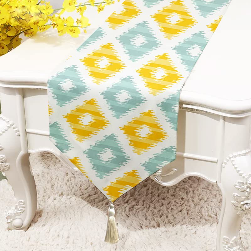 STITCHNEST Ikat Yellow & Teal Printed Poly Cotton Table Runner and Bed Runner ( 13 x 72 Inches with Tassel )