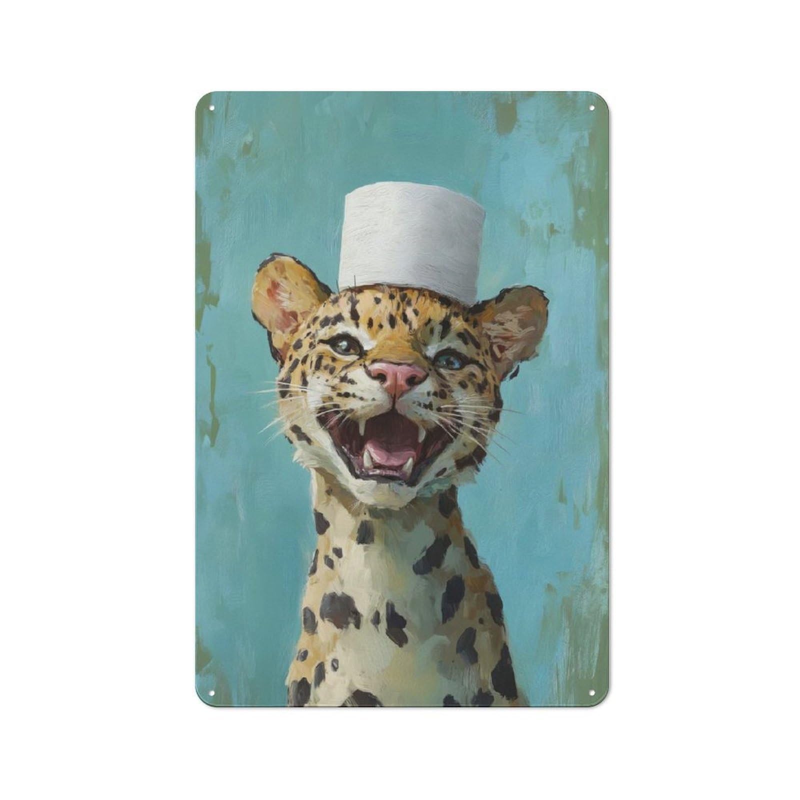 Junmoney Style-6 Rustic Tin Sign 30X20cm Featuring Leopard In A Toilet Paper Hat For Garage Or Workshop, For Garage, Workshop And Man Cave Decoration