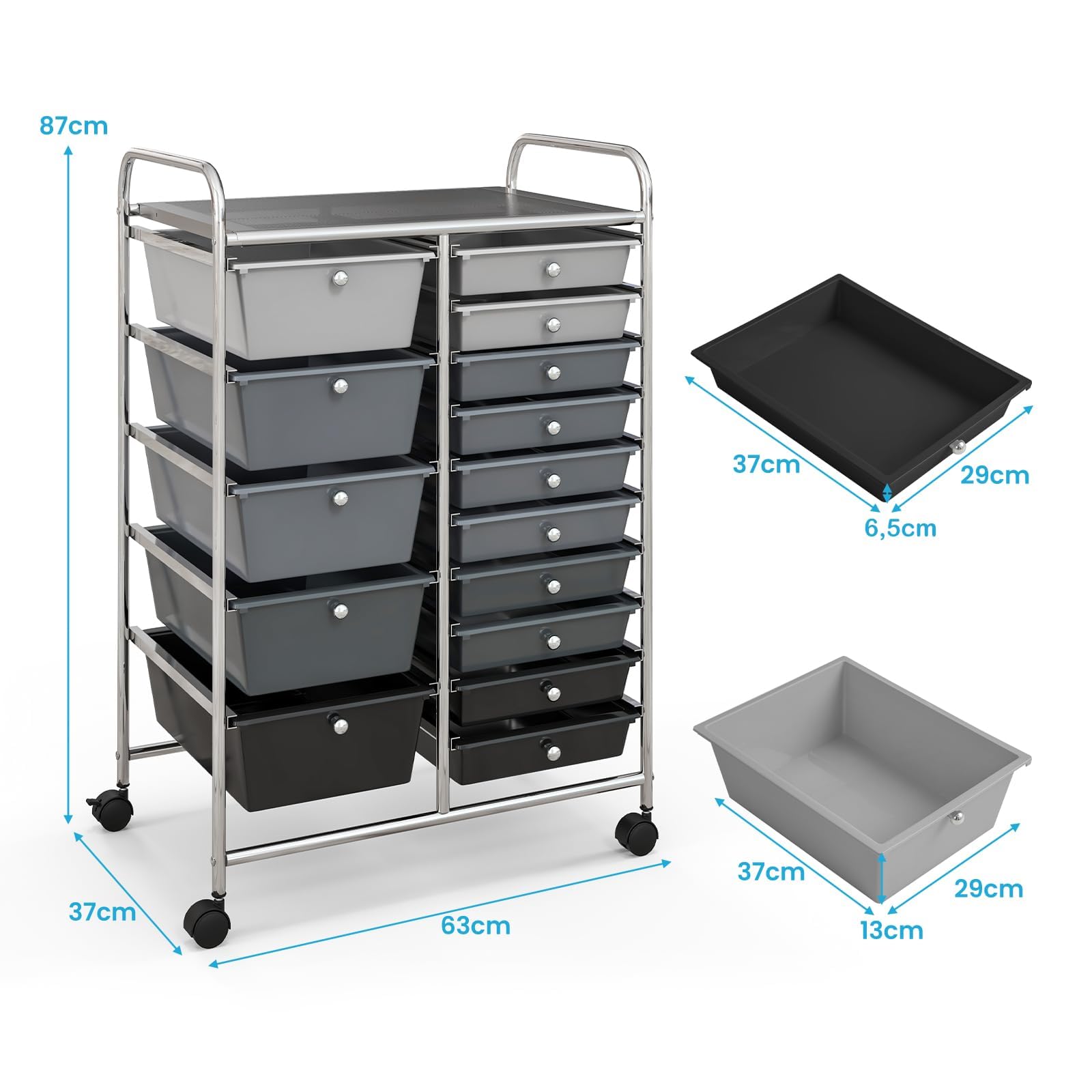 RELAX4LIFE Carro de almacenamiento con 15 cajones, cajonera alta con 4 ruedas universales, armario móvil y ahorra espacio de gran capacidad, multiusos para cocina, baño y oficina (negro y gris 2)