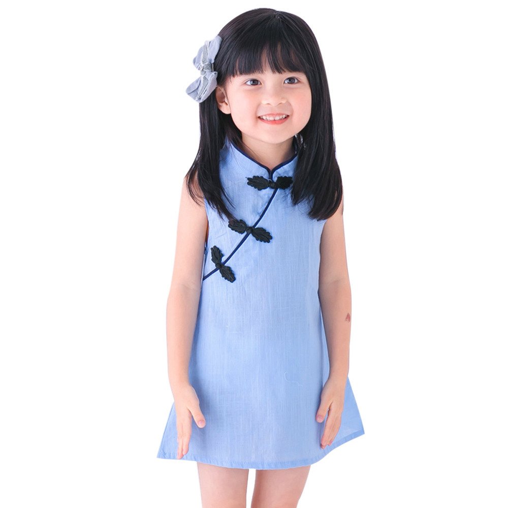 AnFeng Toddler Girls Summer Princess Dress Kids Baby Party Wedding Sleeveless Cheongsam Baby Girls Clothing Blue 90