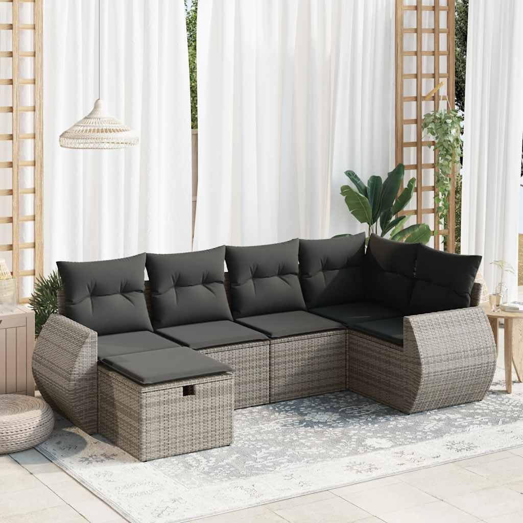 6 TLG. Sofá de jardín, ratán de polietileno gris, con almohada, espacio de almacenamiento, bolsa impermeable, para terraza y balcón