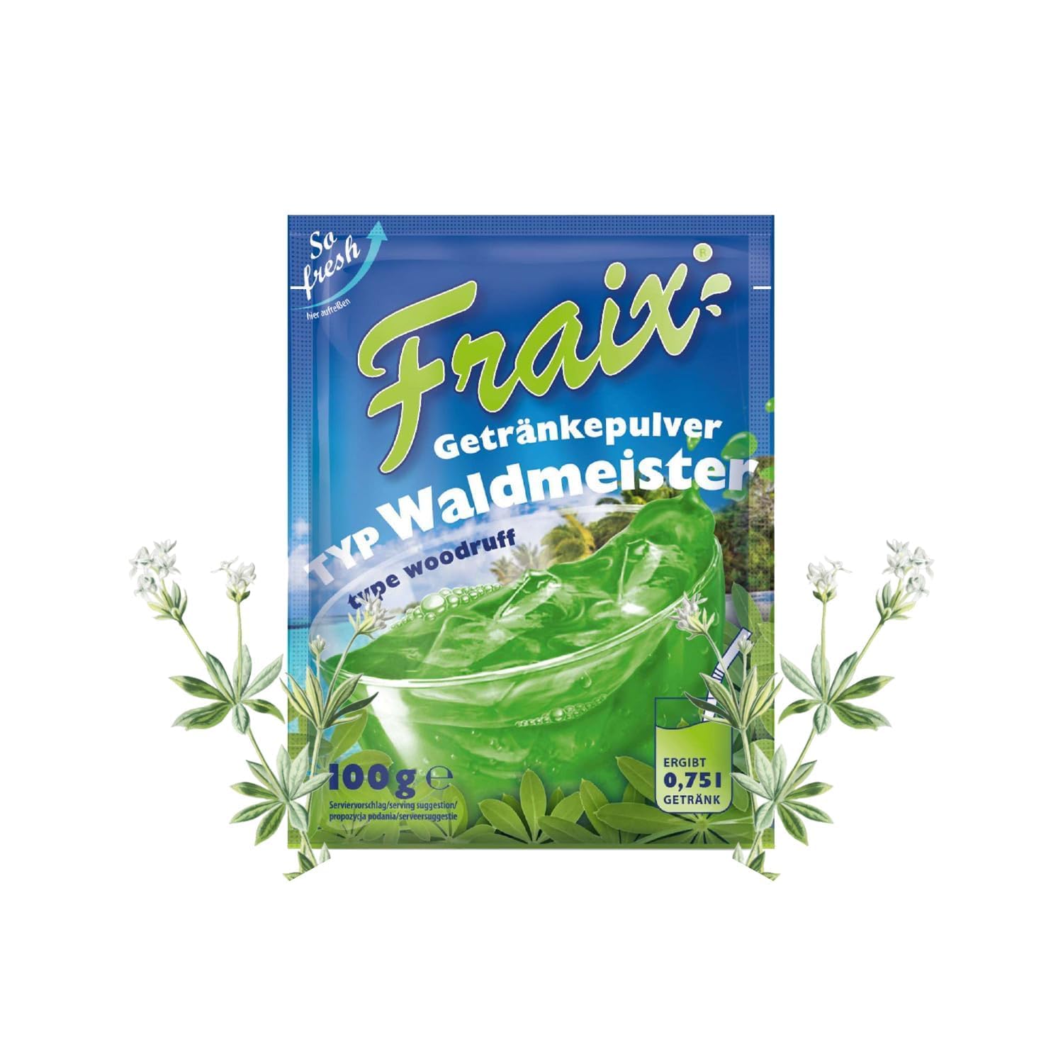 FRAIX Bebidas en polvo Waldmeister, paquete de 150 unidades (150 x 100 g), polvo refrescante instantáneo con sabor floral, polvo de fruta perfecto para pícnic, fiesta de cumpleaños