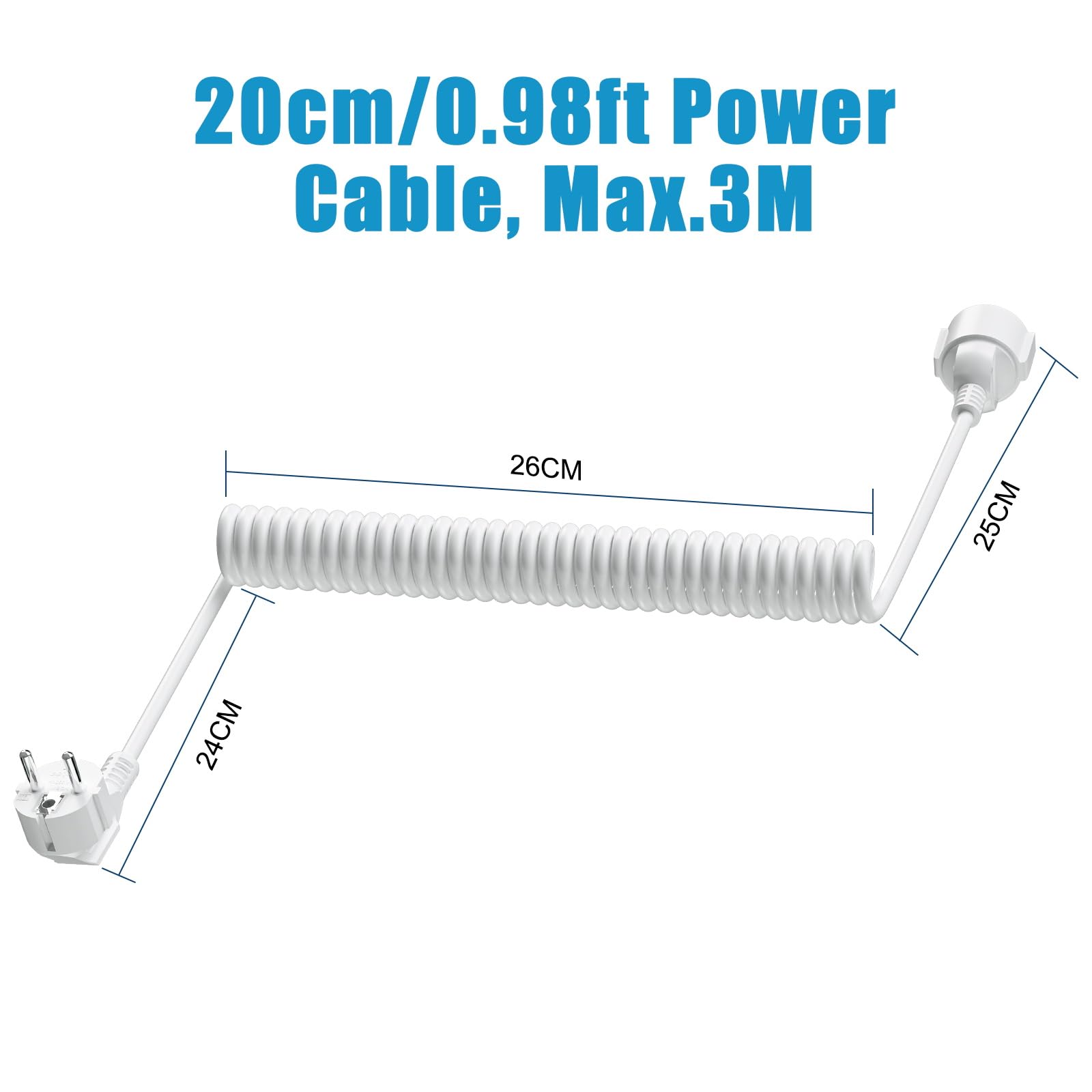 Cavo di prolunga da 20 m, contatto di protezione Schuko, cavo a spirale, estensibile fino a 20 m, IP20 (230 V/16 A), cavo a spirale 3 x 1,0 mm² con spina Schuko e giunto, bianco