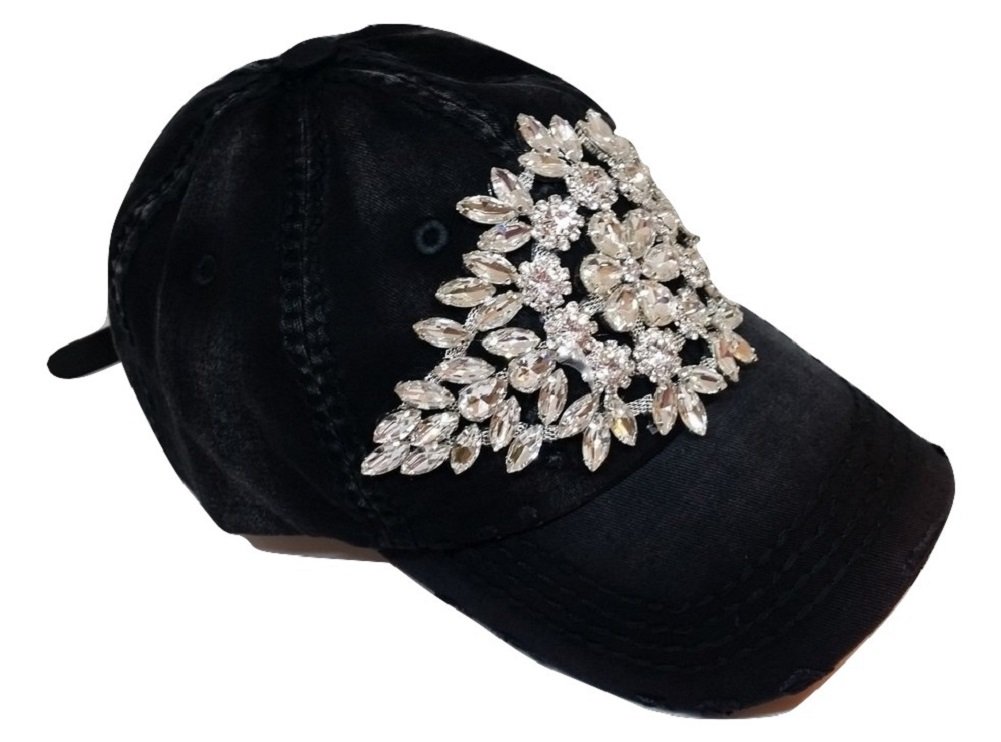 Olive & Pique Women's Large Horizontal Crystal Flower Distressed Baseball Cap