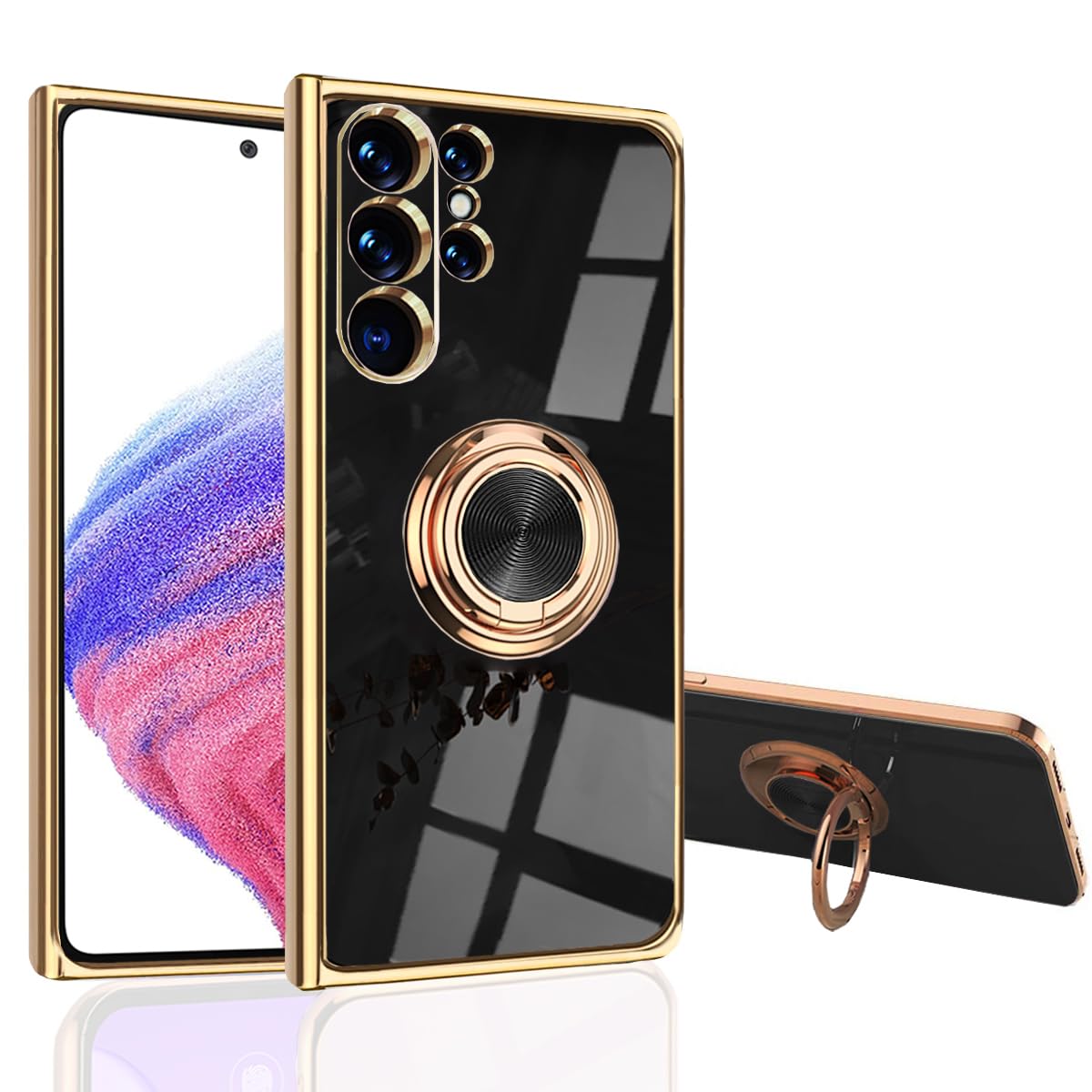 Galaxy S24 Ultra Case [with 360° Kickstand] Support Magnetic Car Mount [Electroplating Technology] Slim Protection Cover Compatible with Samsung Galaxy (Black, S24 Ultra)