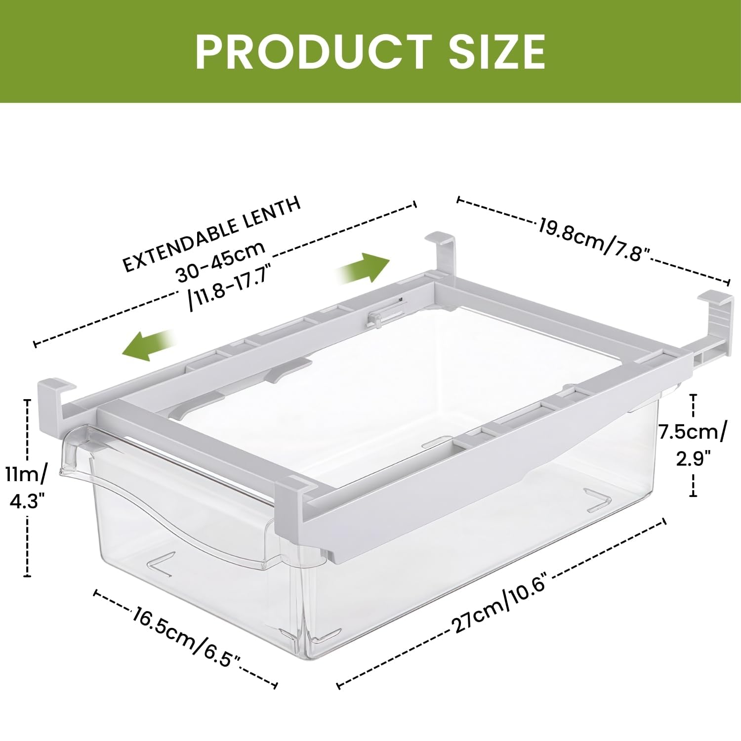 2er-Pack Kühlschrank-Organizer Schublade – Herausziehbares Regal als Fridge Organizer für Eier, Gemüse, passend für Kühlschrankregale unter 1,5 cm und 30-45 cm Glasplatten (Nicht spülmaschinenfest)