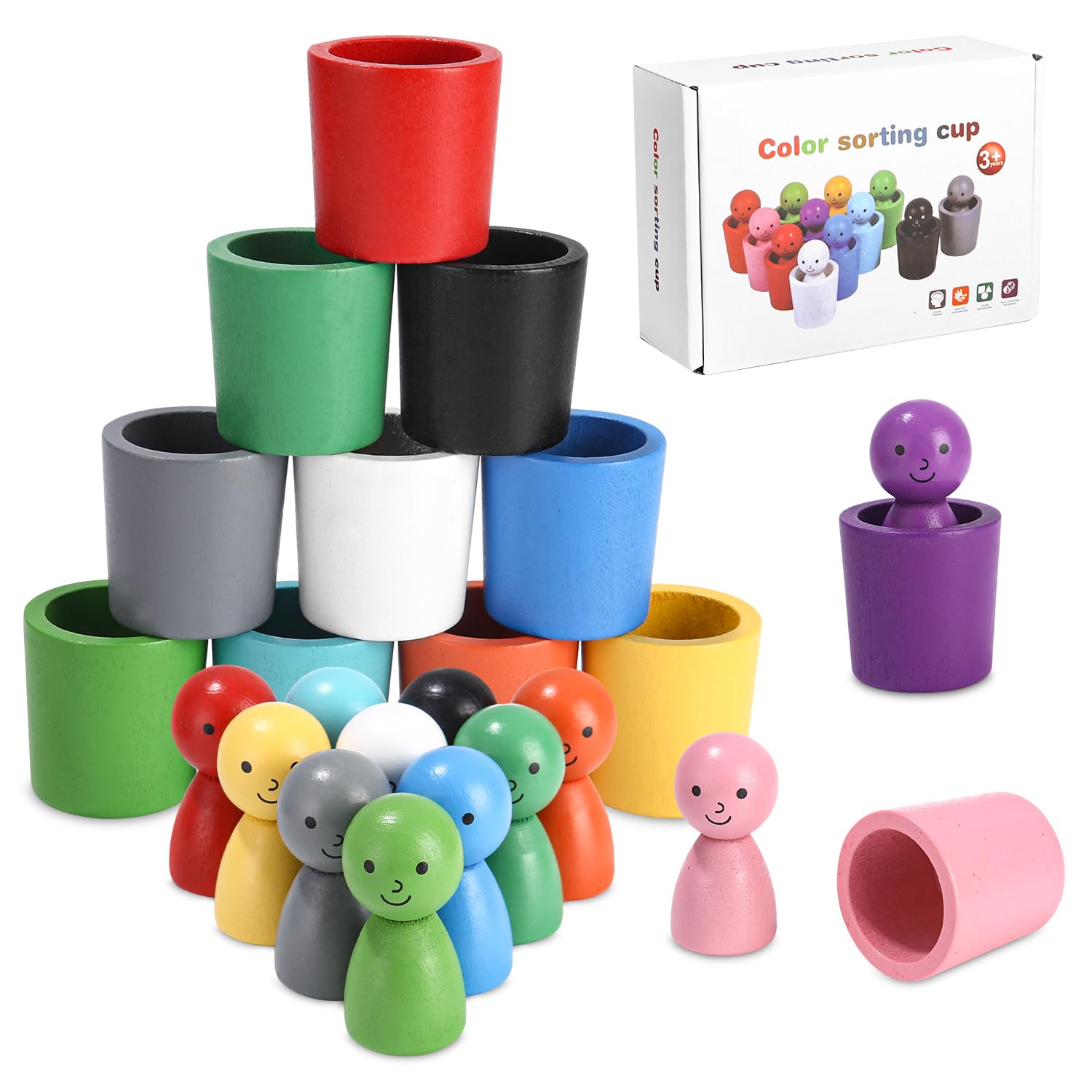 LEAZZLE Palle in Tazze Giocattolo Montessori in Legno per Giochi Bambini 2 anni, Giochi di Selezione di Figurine a 12 Colori e Abbinamento per Colore di Smistamento e Il Conteggio in età Prescolare