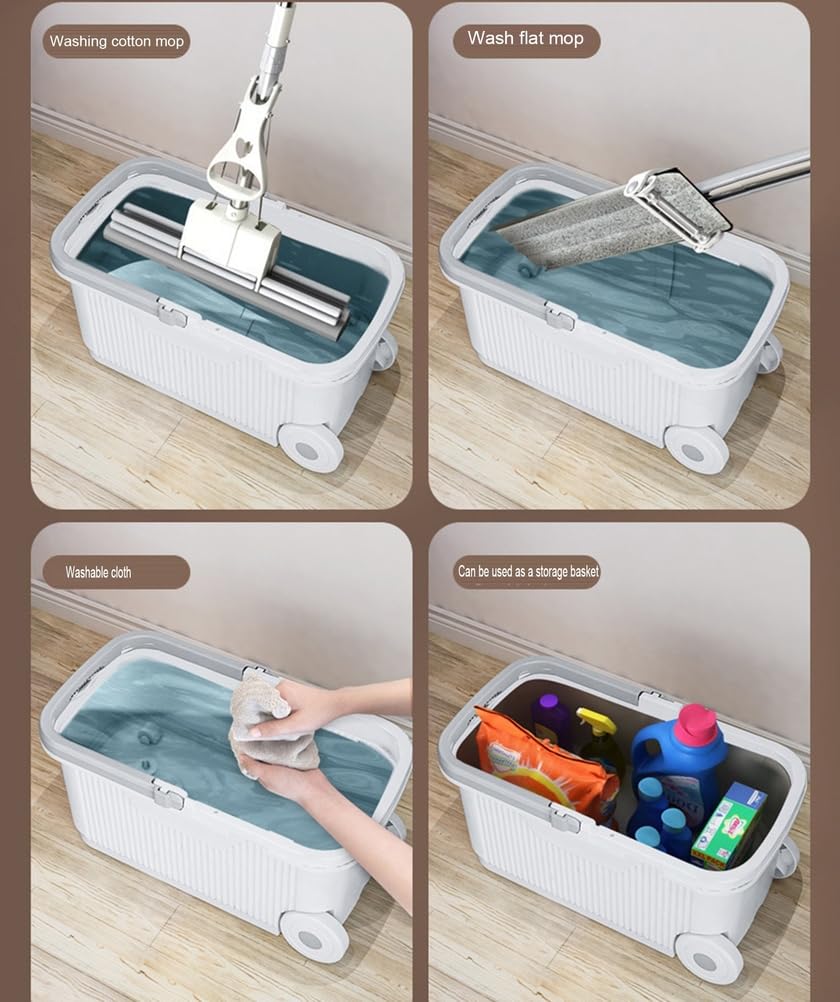 Juego de fregona y Cubo con escurridor, Cubo de plástico para Uso en seco y húmedo, Mango ergonómico y Duradero para Verter y Limpiar Suelos, Ventanas y el hogar.