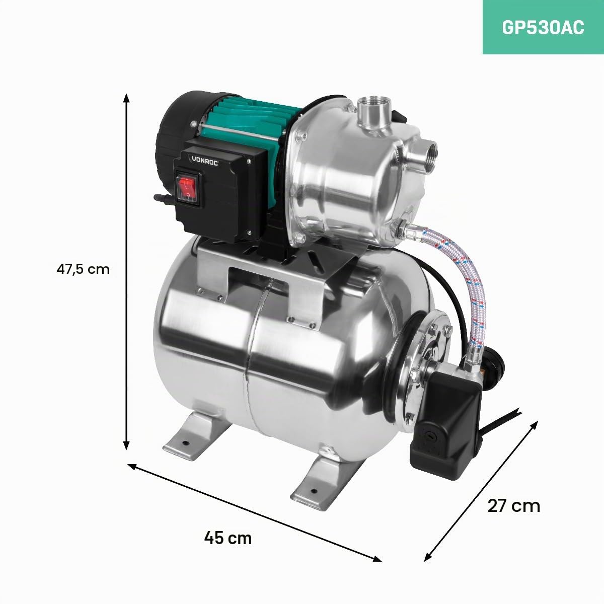 VONROC Bomba hidrofórica / conjunto hidrofórico con presostato - 1000W - 3500l/h - depósito de acero inoxidable de 19L - carcasa de la bomba de acero inoxidable