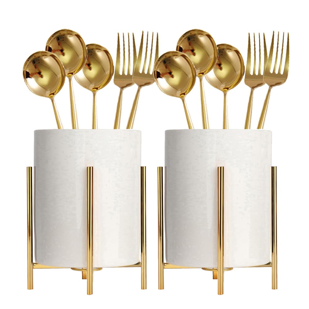 SIEBOLD 2pcs Sturdy Cutlery Holder White Ceramic With Metal Bracket Robust Silverware Caddy For Countertop - Spoon Holder Silverware Caddy