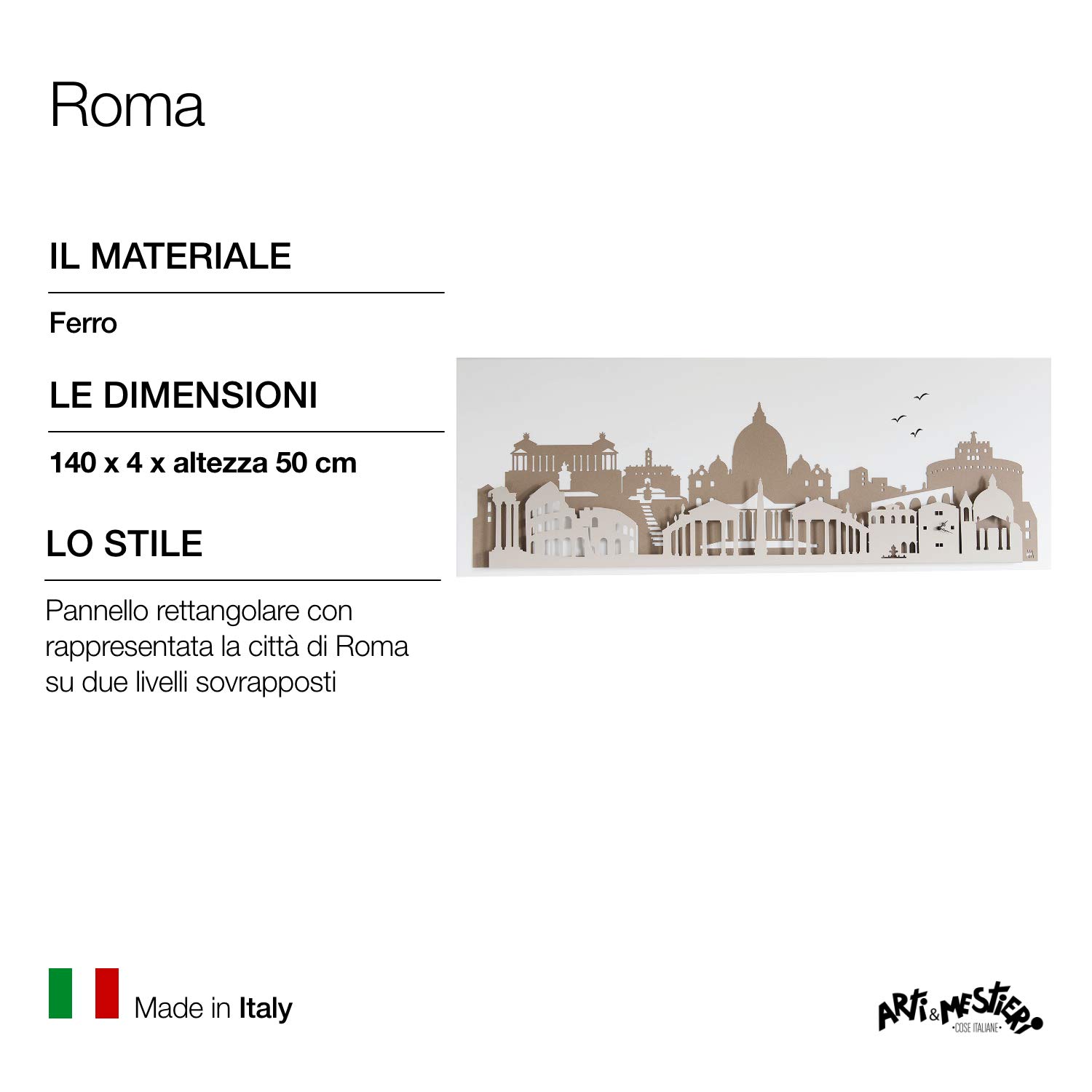Arti & Mestieri Roma - Pannello Decorativo di Design 100% Made in Italy - in Ferro, 140 x 4 x 50 cm - Bianco, Beige e Nocciola