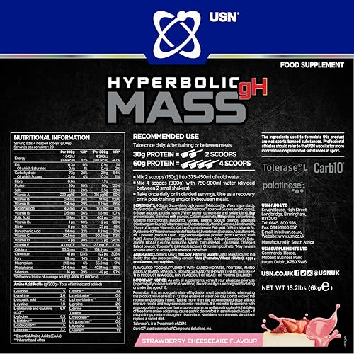 USN Hyperbolic Mass Strawberry Cheesecake 6kg: High Calorie Mass Gainer Protein Powder for Muscle Building and Weight Gain - Improved Formula & Flavour with 7.5g Creatine Monohydrate and Less Sugar - 8