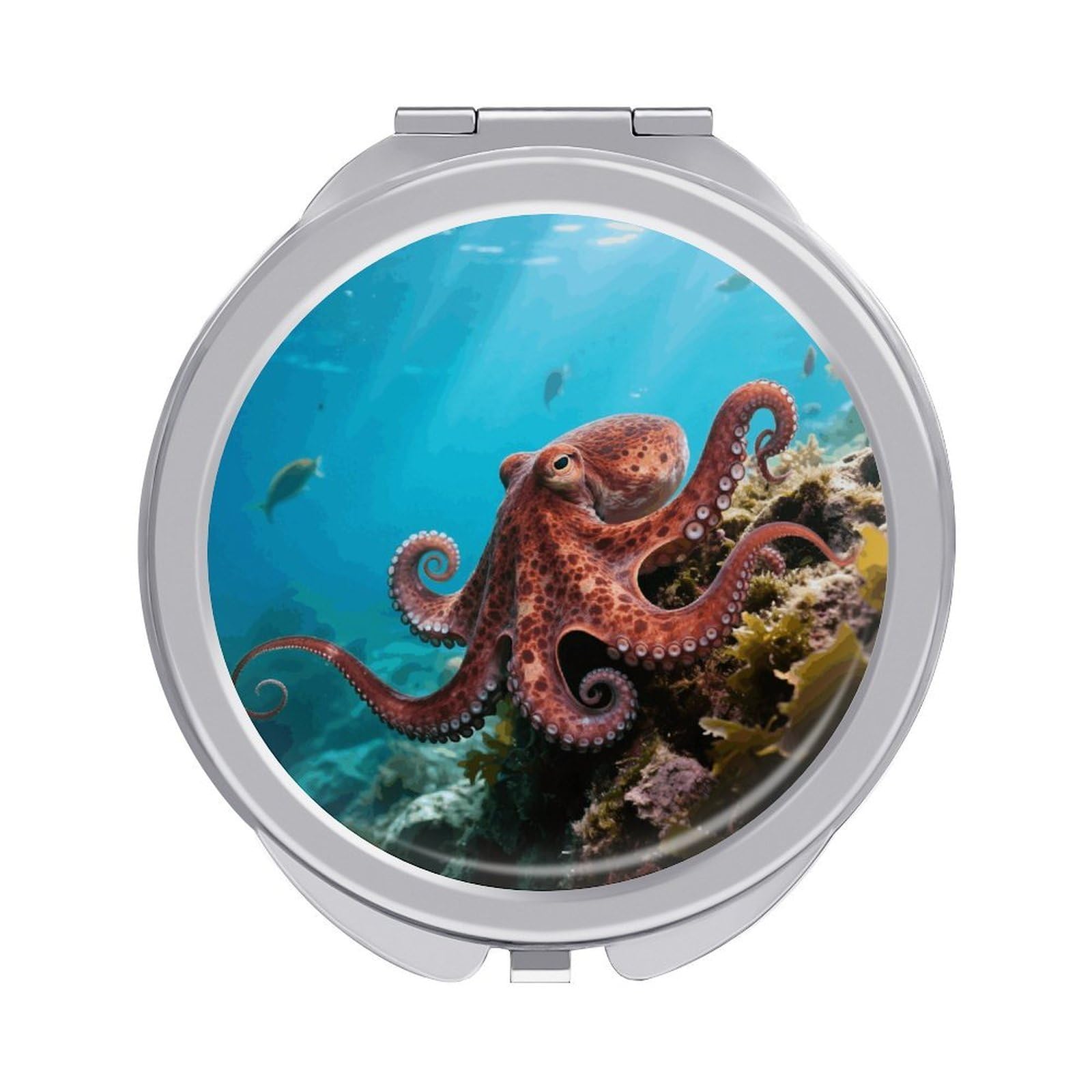 FodPand Compact Hand Mirror with 1x/2x Magnifying Round Travel Makeup Mirror Mini Foldable Octopus Cosmetic Mirrors Travel Essentials Gift for Women Girl Portable for Pocket Purse -Silver