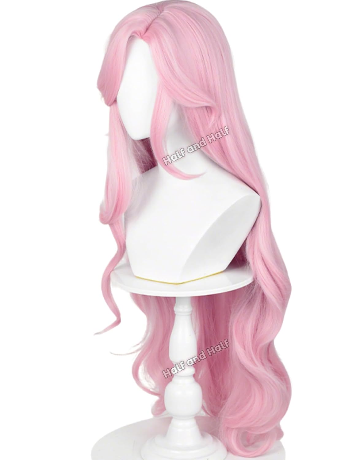 Half and Half Long Curly Light Pink Pony Wig with Side Part Bangs 39'' Pastel Pink Anime Cosplay Wave Wigs Syntehtic Hair for Women Halloween Party Costumes